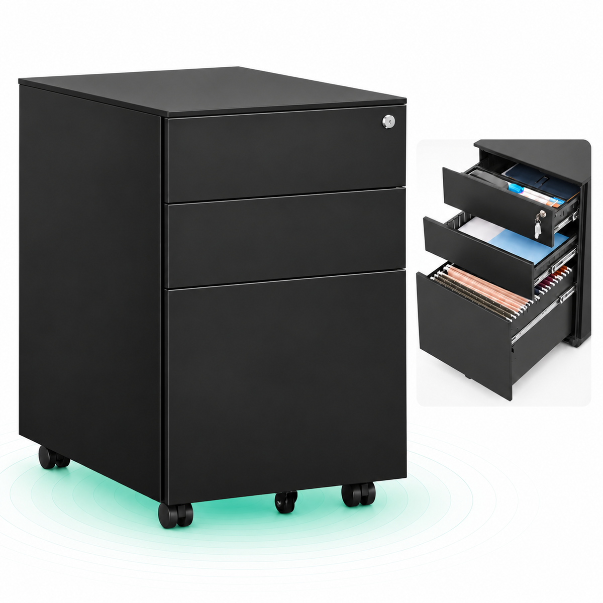 SONGMICS Dulap mobil tip rollbox pentru birouri, din otel, sertar cu sina dosare A4, 39x52x60 cm, negru