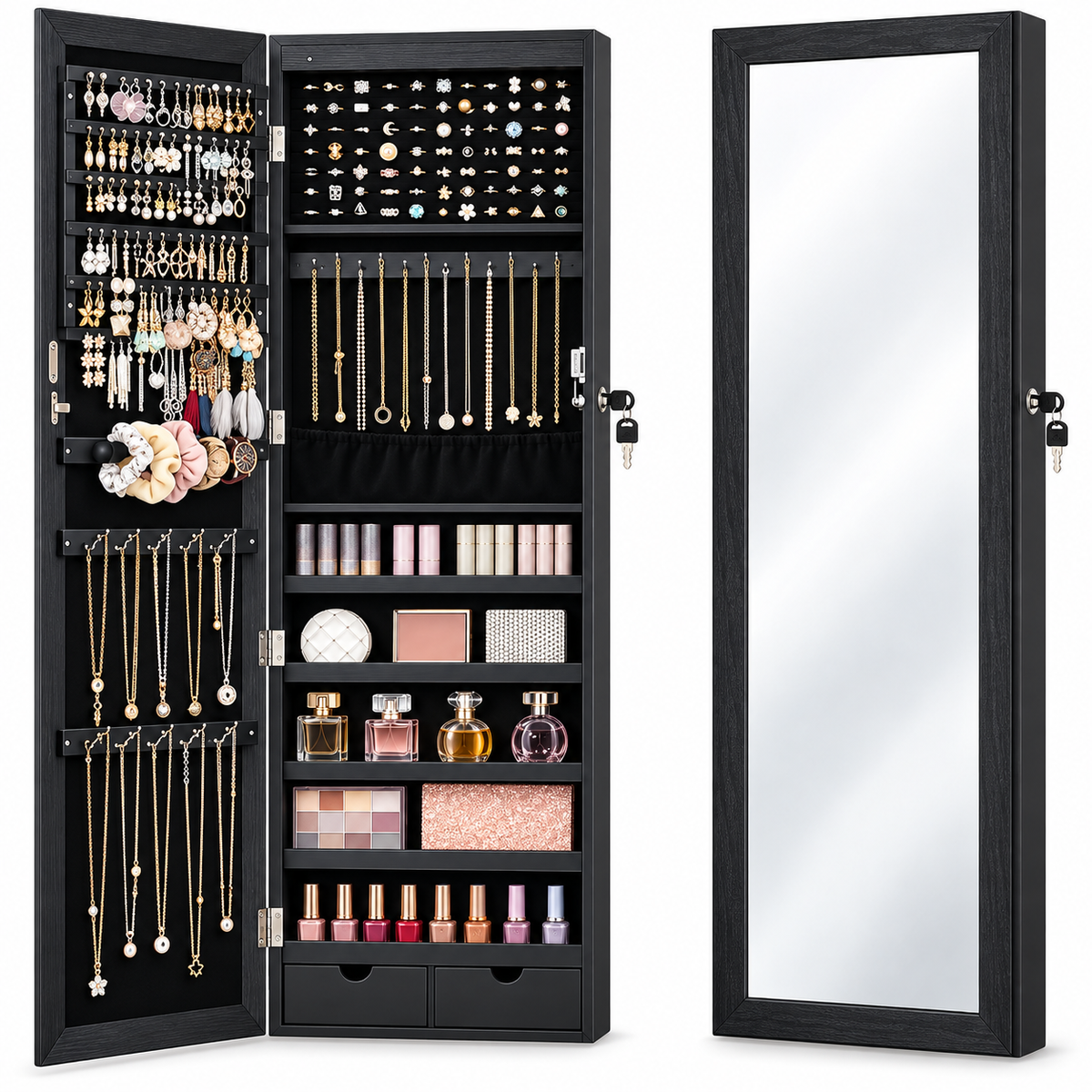 SONGMICS Dulap pentru bijuterii cu oglinda, montare pe perete sau usa, material MDF, inchidere cu cheie, 120x37x10 cm, n