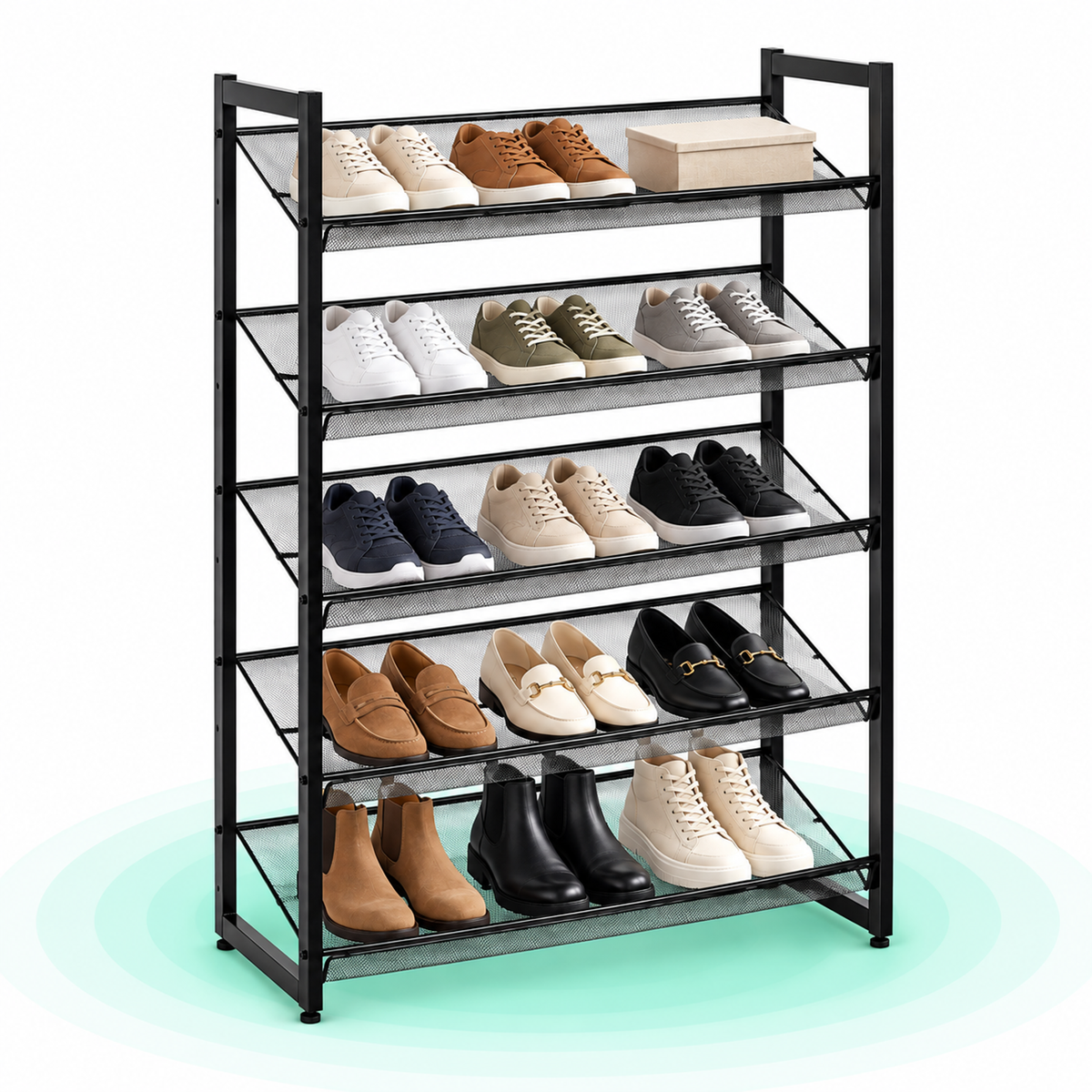 SONGMICS Raft de depozitare pantofi pe 5 niveluri, metal, rafturi plate sau unghiulare reglabile, 31x74x104cm, negru