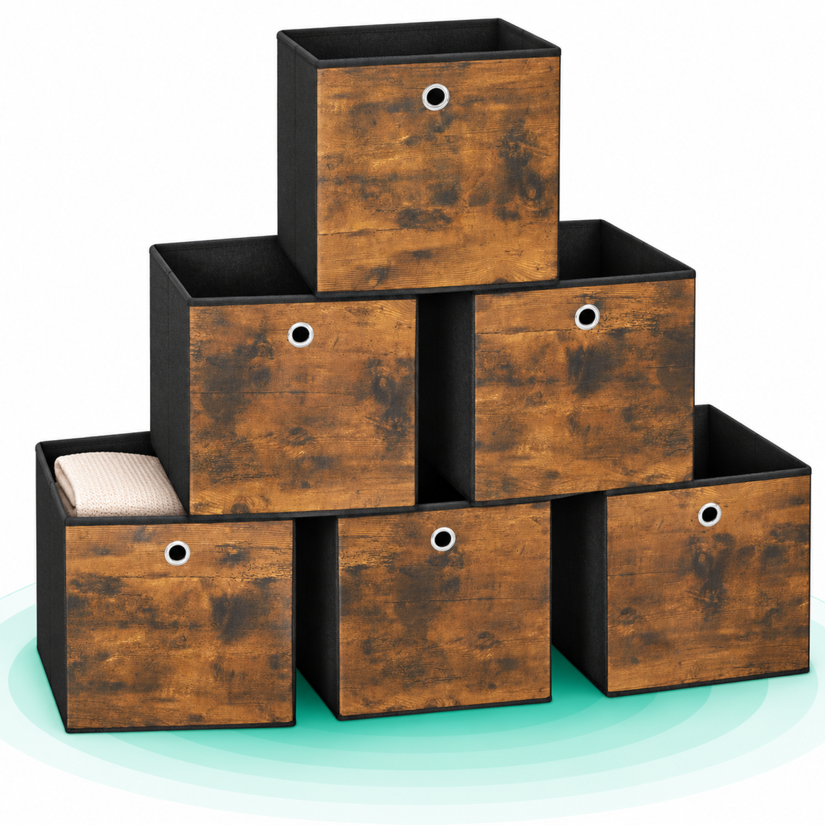 SONGMICS Set 6 cutii de depozitare, pliabile cu maner, material textil si oxford, 30x30x30 cm, maro rustic