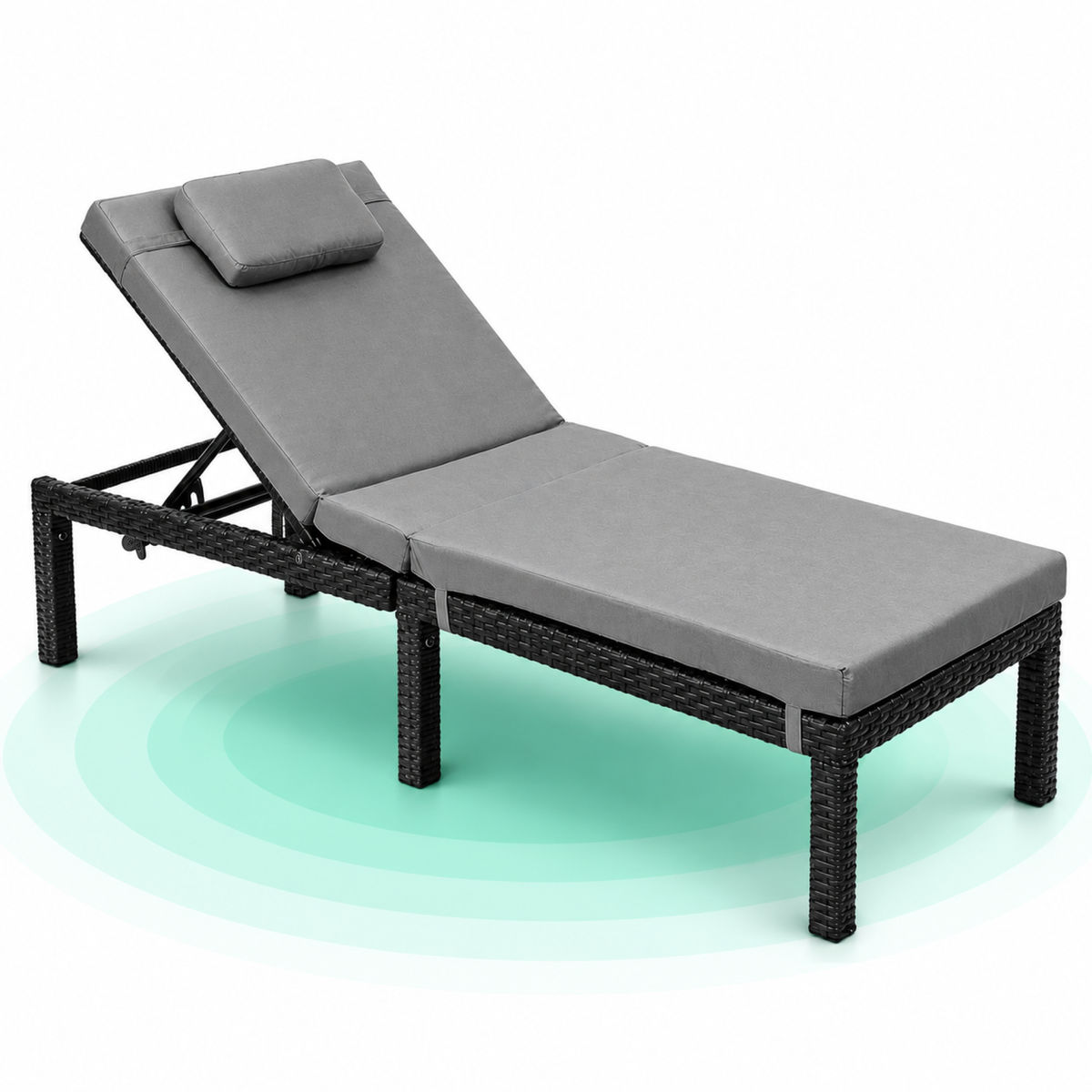 SONGMICS Sezlong gradina cu saltea groasa si tetiera, ratan PE si metal, maxim 150 kg, 195x65x40 cm, negru si gri