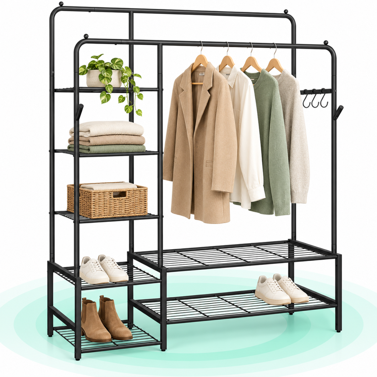 SONGMICS Suport haine cu 2 bare si 7 rafturi, carlige suplimentare de agatare, capacitate 180 kg, 45x116x173 cm, negru