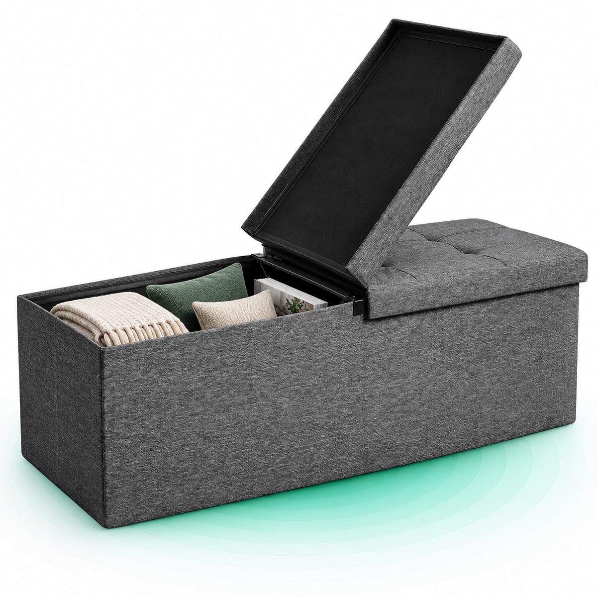 SONGMICS Taburet pliabil cu sezut moale, spatiu de depozitare 120litri, maxim 300kg, 110x38x38cm, gri