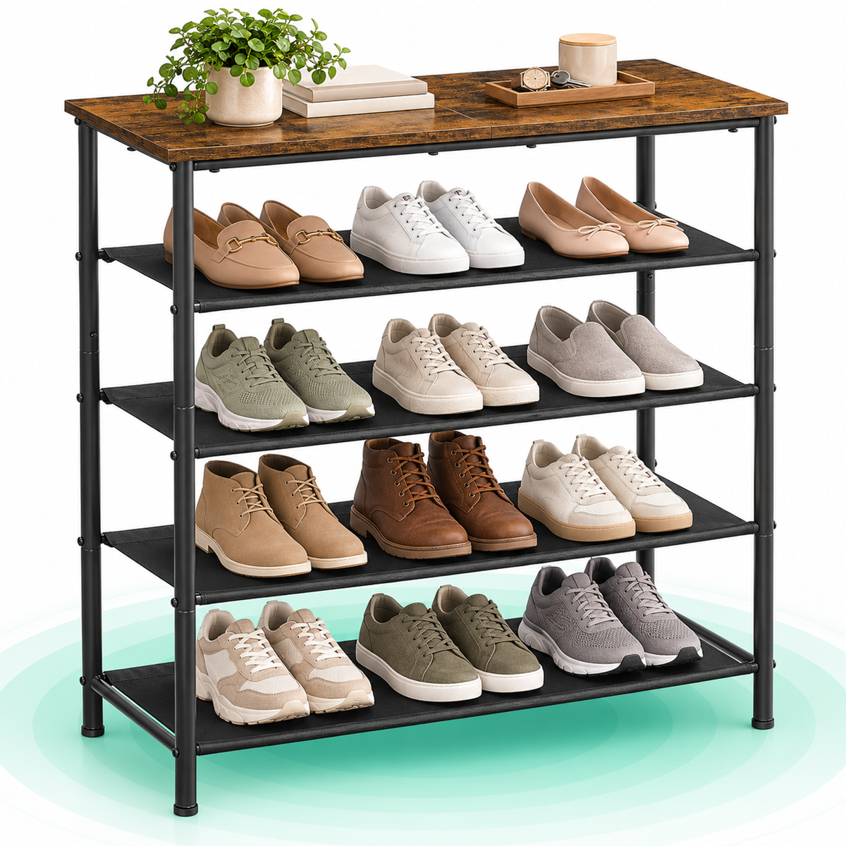 Suport pantofi 75x30x91 cm, 5 niveluri, rafturi textile si blat PAL, cadru metalic, maro rustic si negru