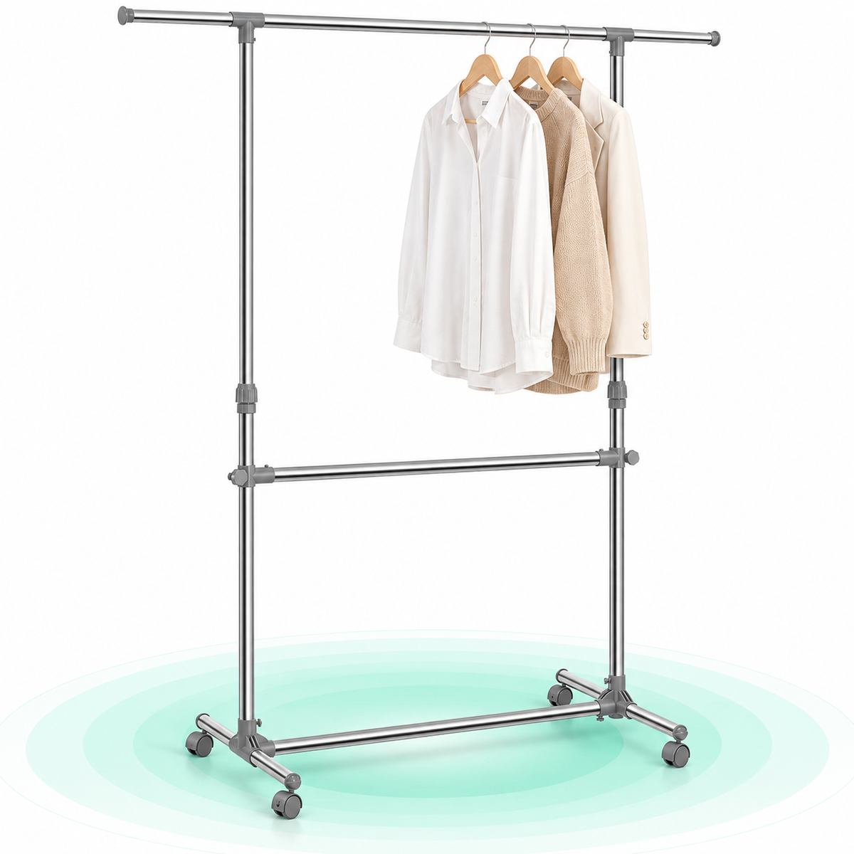 Suport pentru haine cu sina superioara extensibila, pe roti, reglabil in inaltime 113-198cm, argintiu