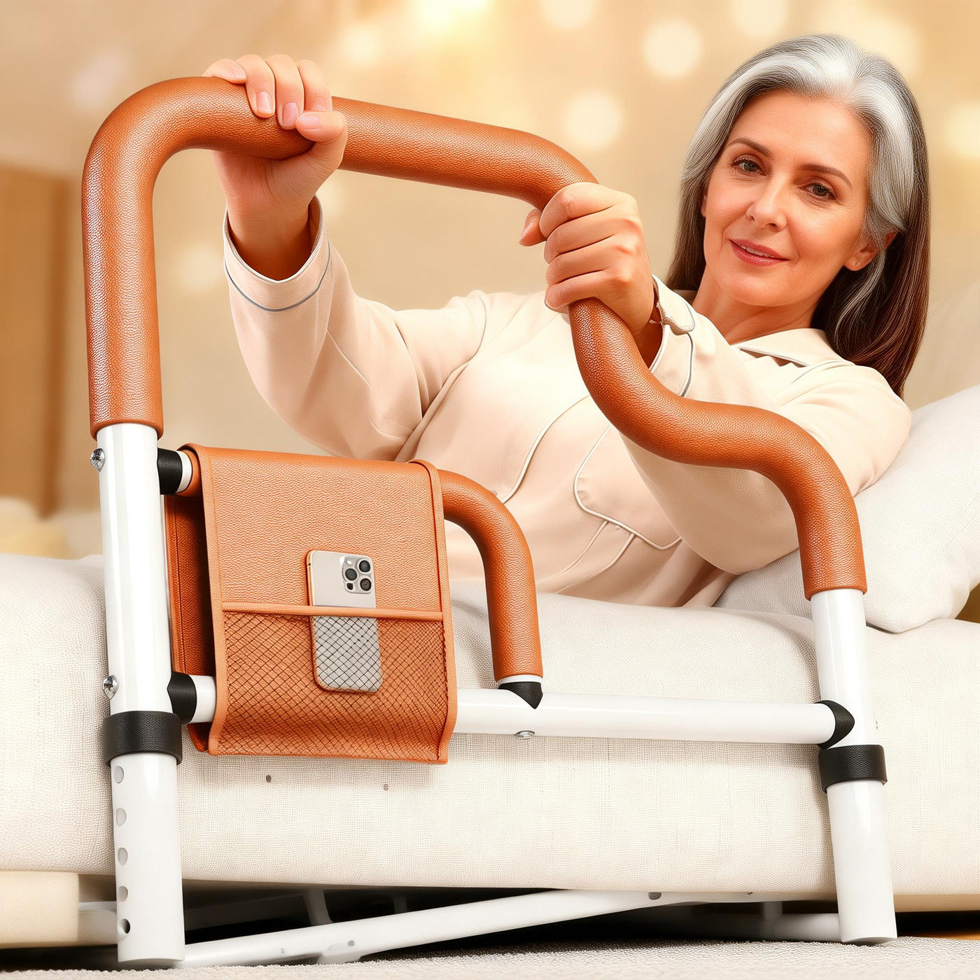 Suport Sprijin Pat U-Shape Timebox, Reglabil, Mâner Antiderapant, Portocaliu