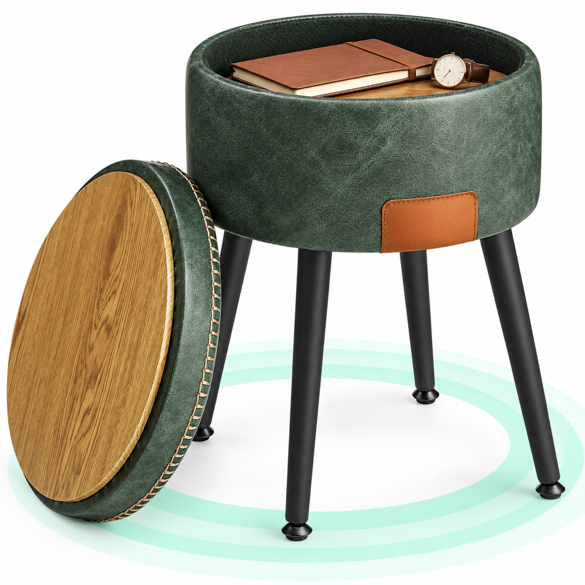 Taburet cu spatiu de depozitare, tapitat PU, cu 2 fete, diametru 32 cm, verde