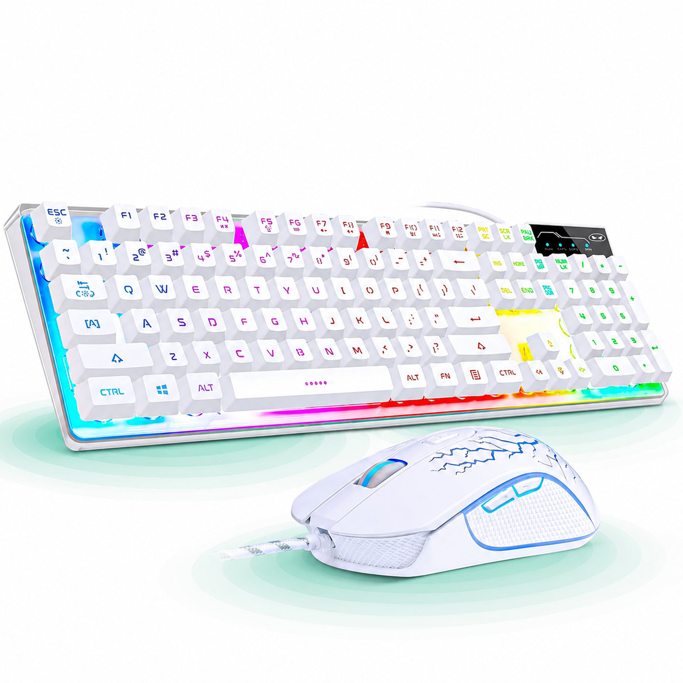 Kit Tastatura, Mouse Gaming RGB, 104 taste, 7 culori si moduri de iluminare, Alb