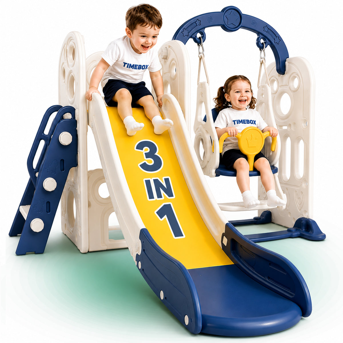 Tobogan Copii 3 in 1 cu Leagan si Cos de Baschet, Set joaca, Galben