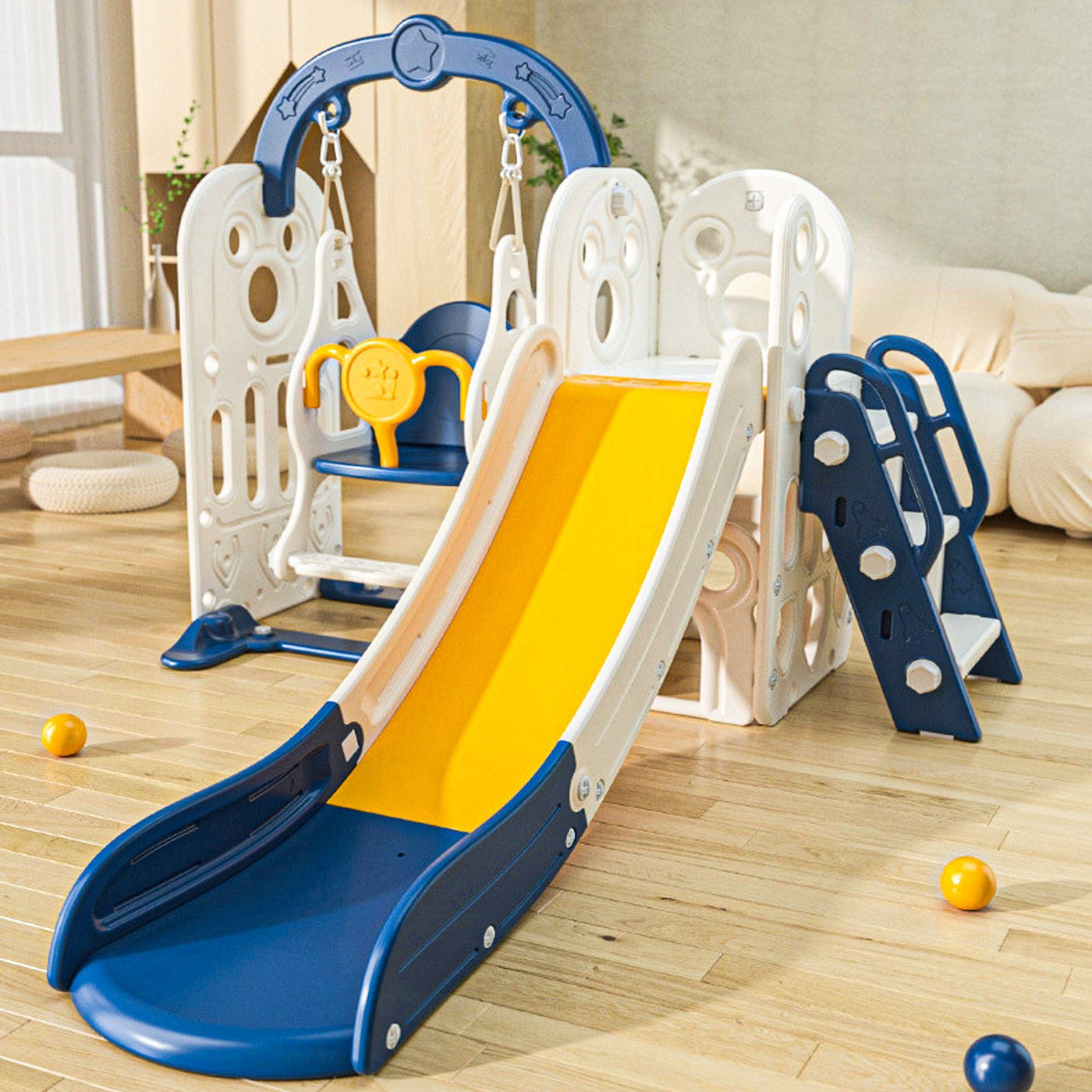 Set de Joaca 3 in 1 pentru Copii, Tobogan, Leagan si Cos de Baschet, Galben - Imagine 1