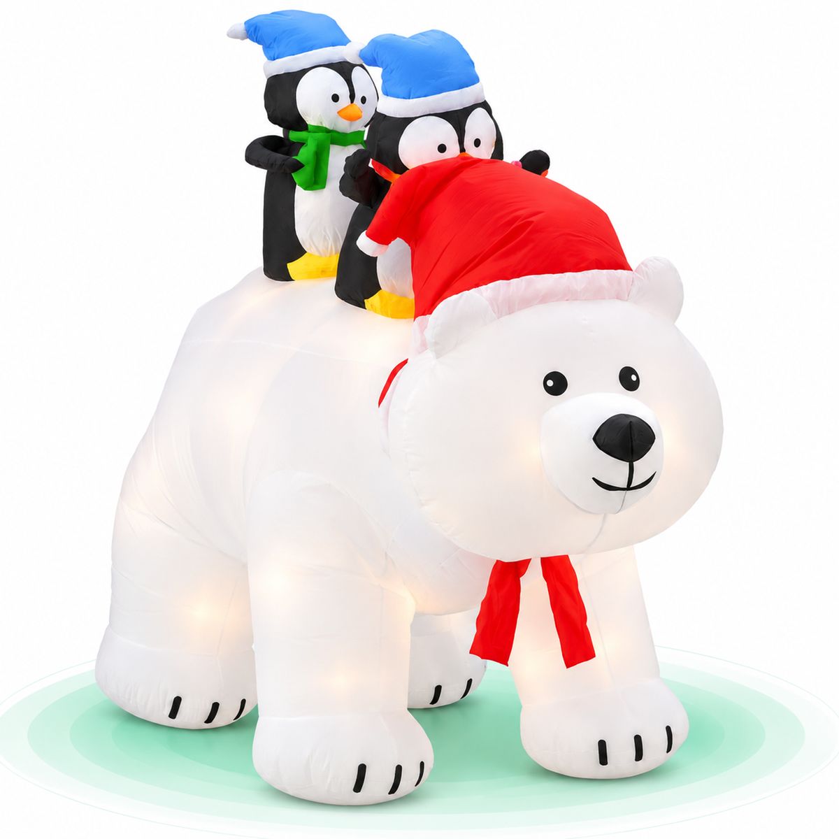 Urs polar gonflabil de exterior cu 2 pinguini, iluminare LED si compresor integrat, 200x120x80 cm, alb