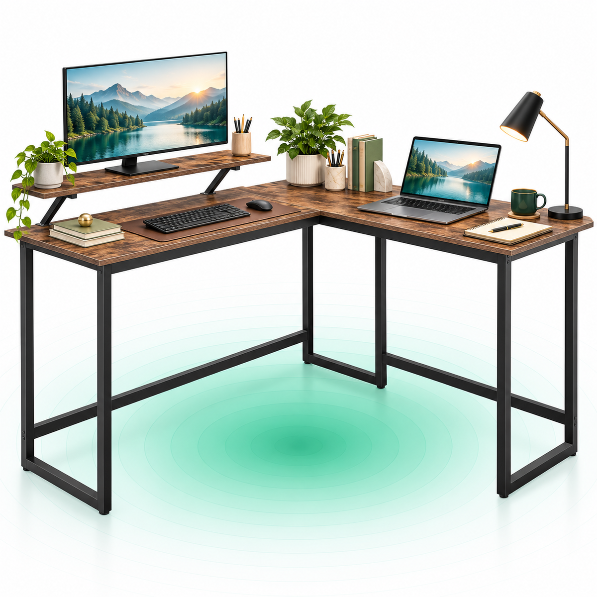 VASAGLE Birou in forma de L cu suport pentru monitor, cadru metalic, 140x130x76cm, maro rustic