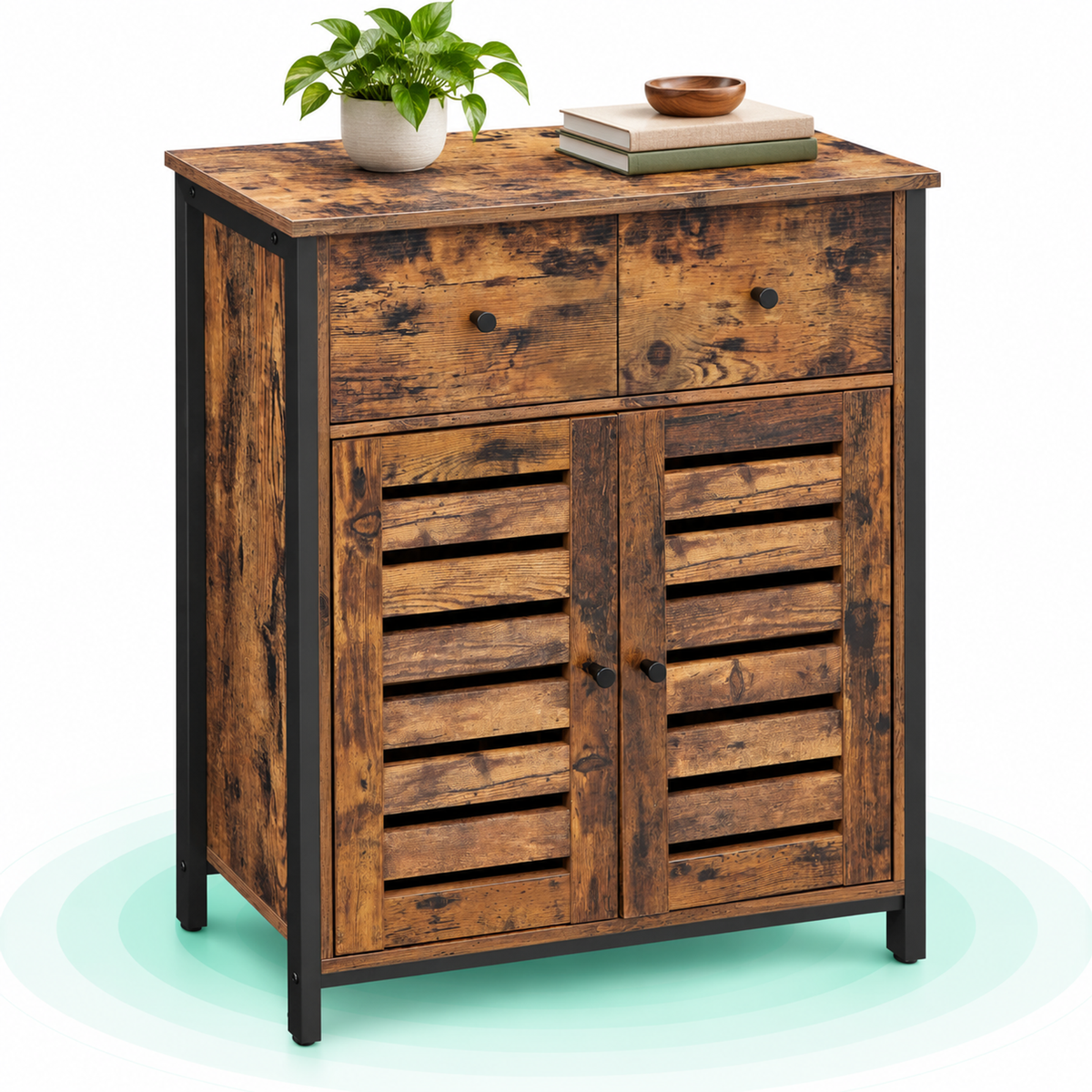 VASAGLE Comoda depozitare cu 2 sertare si polite, usi tip jaluzea, stil industrial, 30x70x80 cm, maro rustic