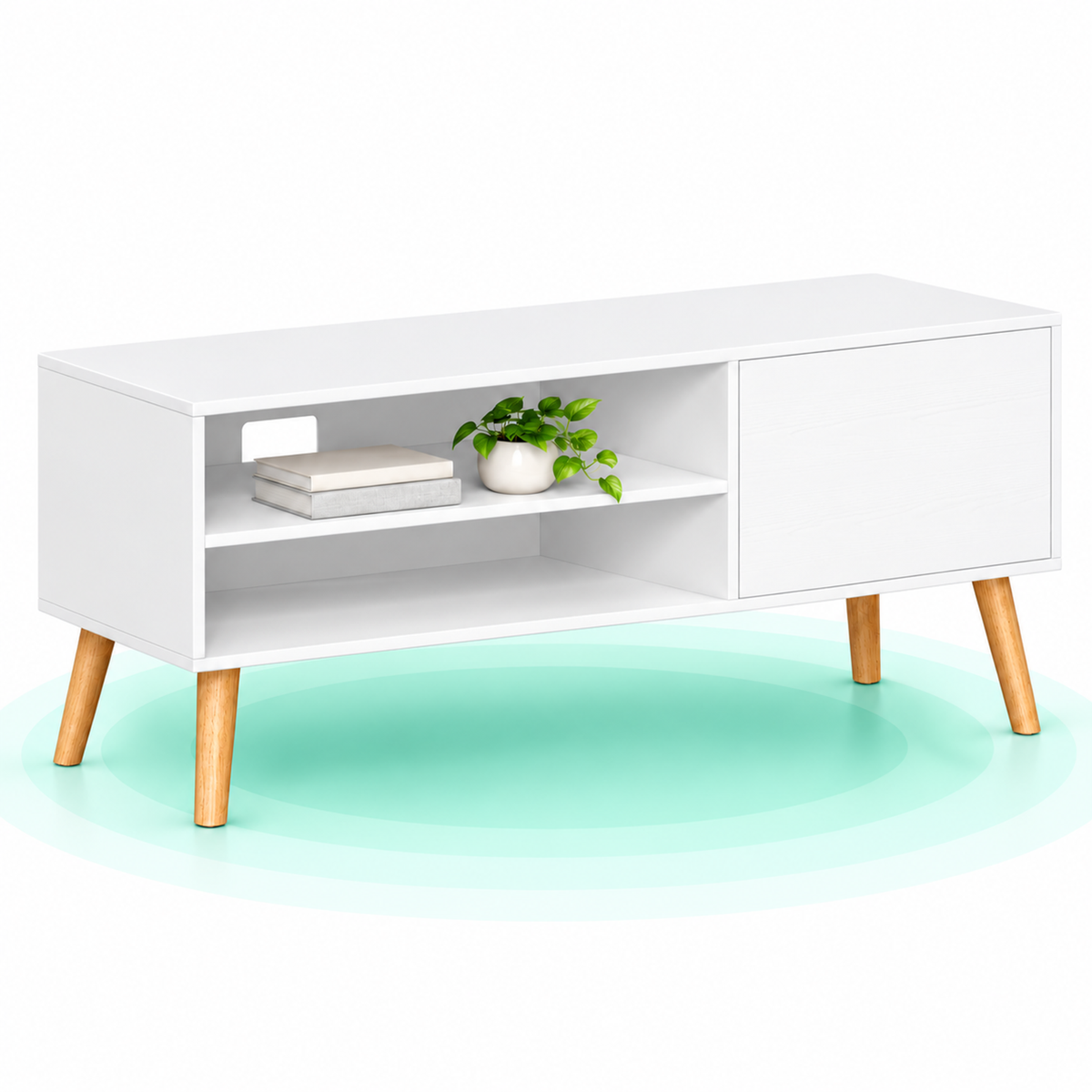 VASAGLE Comoda pentru TV de pana la 120 cm, 2 rafturi si dulap push-open, PAL si lemn, 120x40x49 cm, alb
