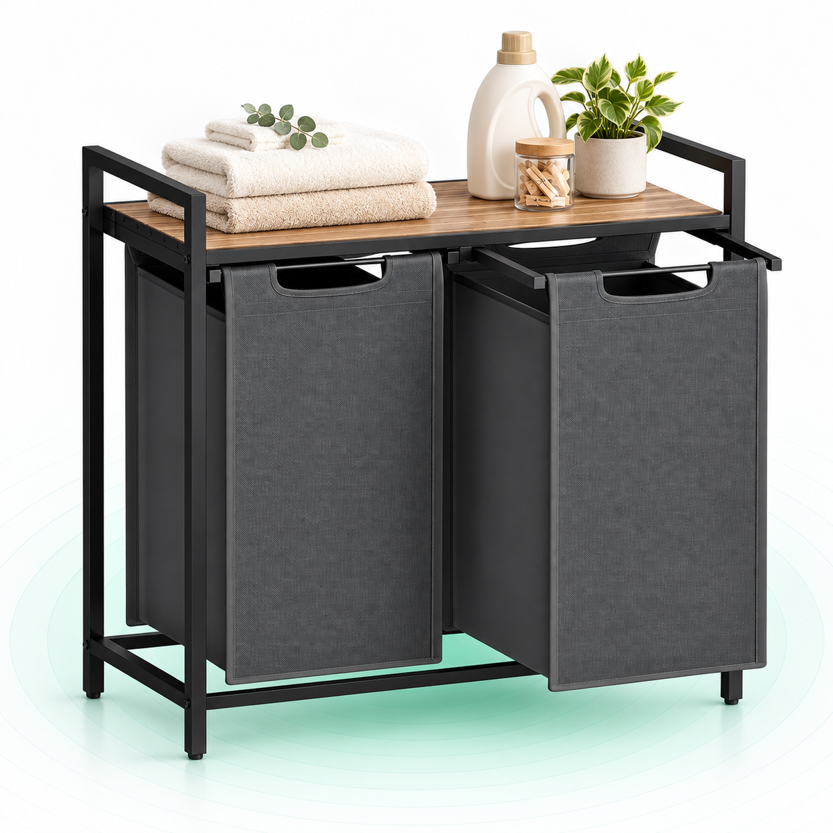 VASAGLE Cos de rufe, 2 compartimente, saci de rufe detasabili, raft, cadru metalic, 2x46L, 73x33x72 cm, maro si gri antr