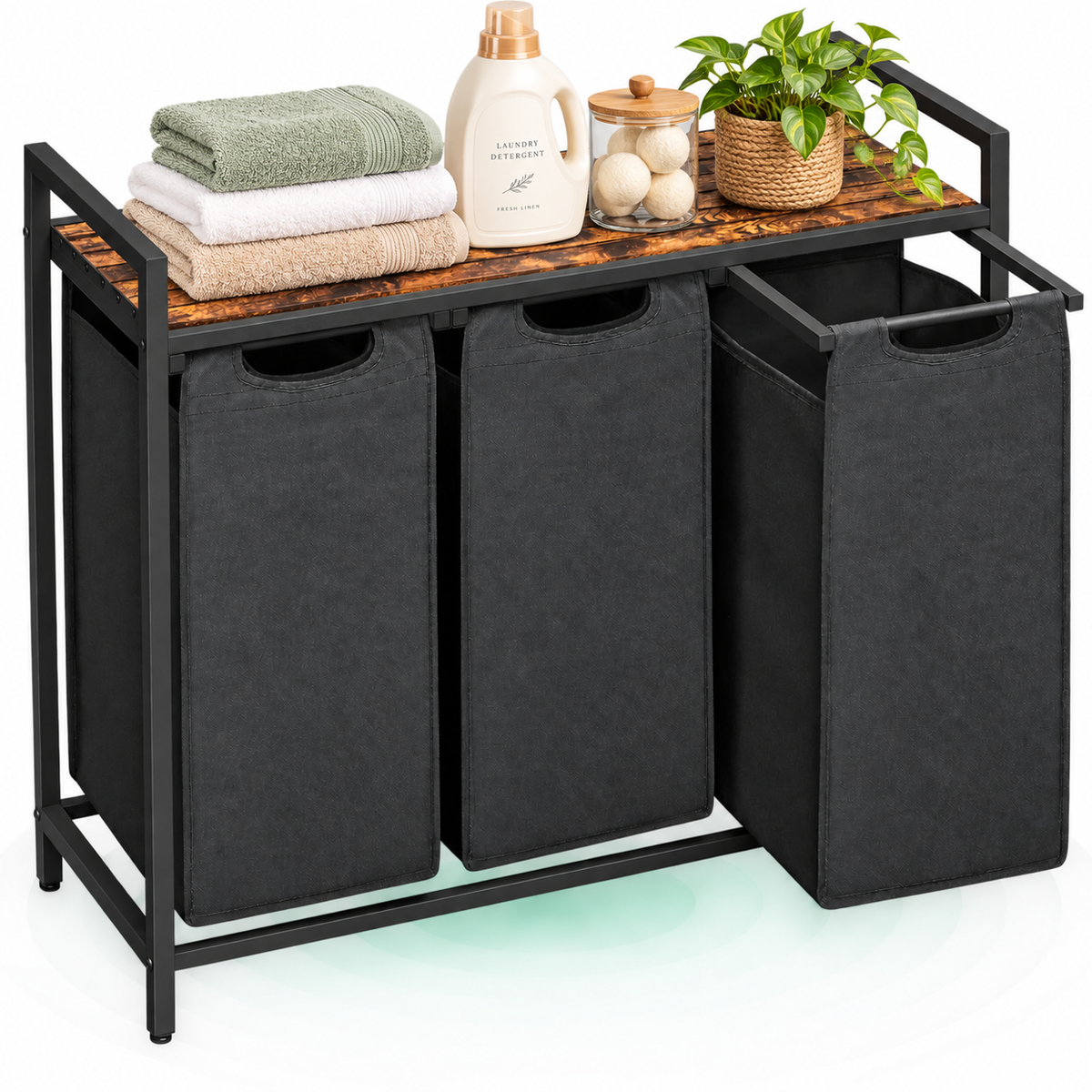 VASAGLE Cos de rufe, 3 compartimente, saci de rufe detasabili, raft, cadru metalic, 3x38L, 93x33x72 cm, maro rustic si n
