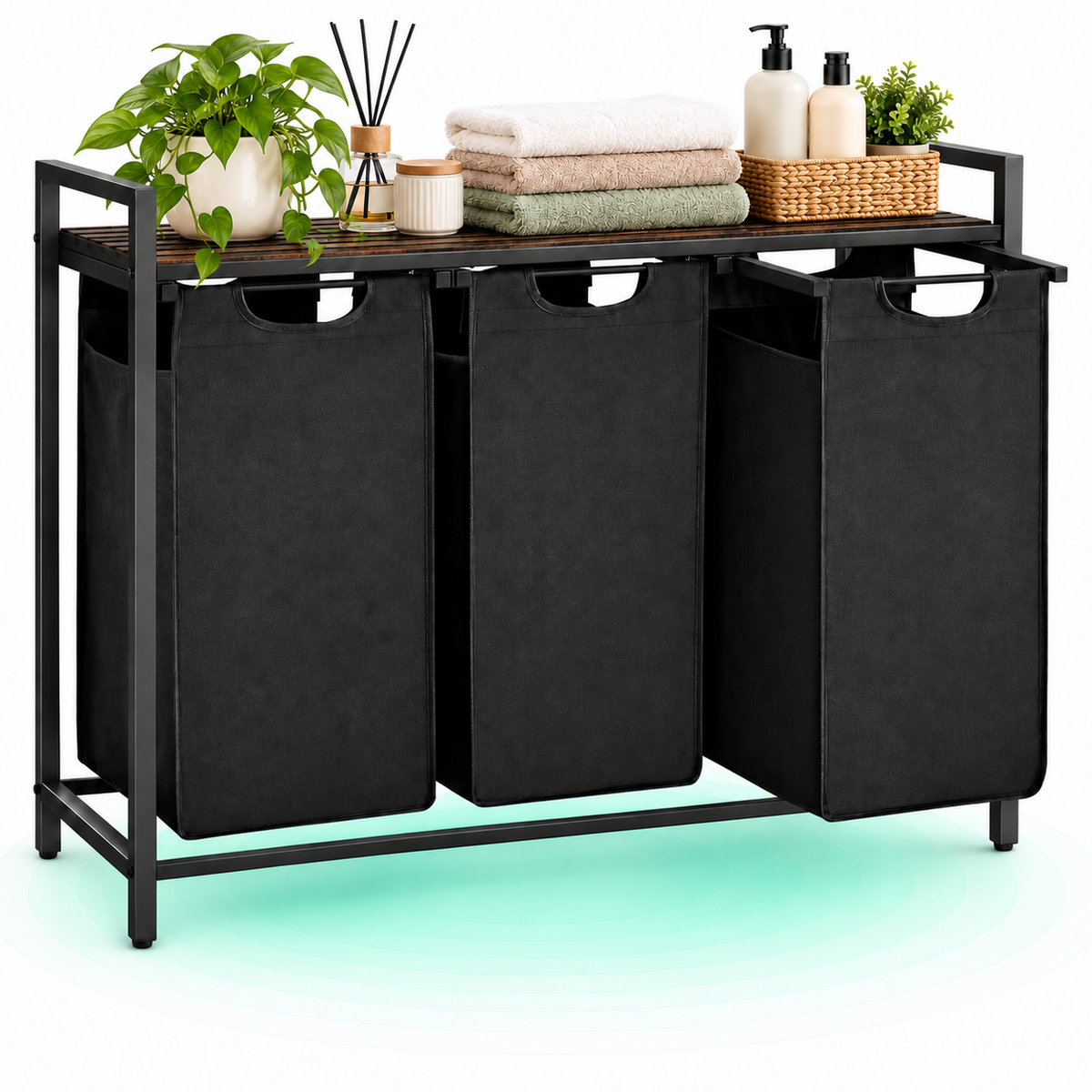 VASAGLE Cos de rufe, 3 compartimente, saci de rufe detasabili, raft, cadru metalic, 3x38L, 93x33x72 cm, maro vintage si