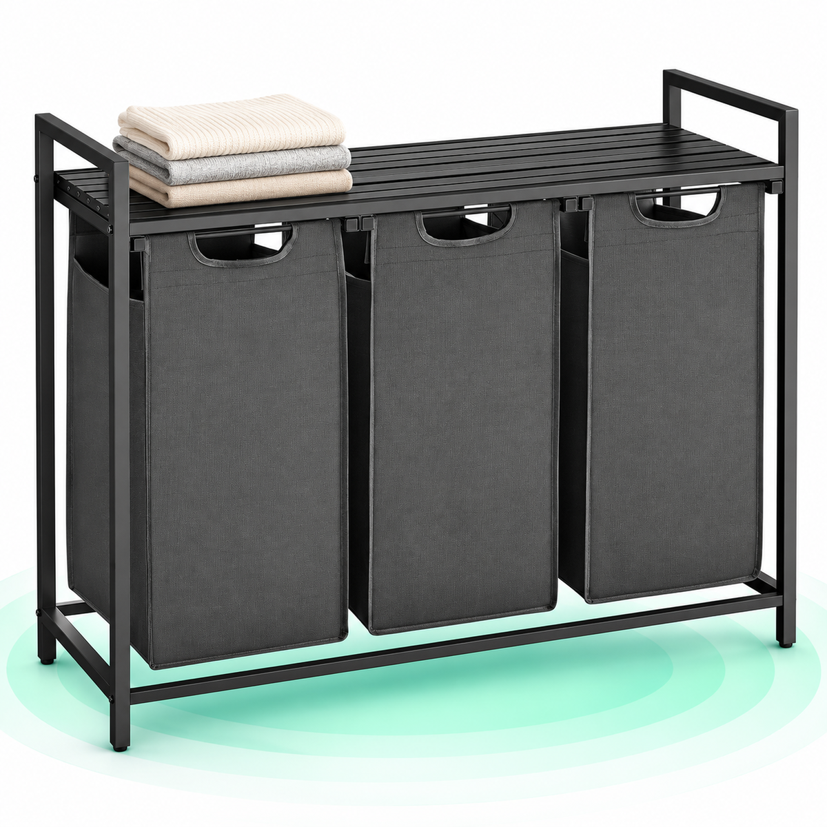 VASAGLE Cos de rufe, 3 compartimente, saci de rufe detasabili, raft, cadru metalic, 3x38L, 93x33x72 cm, negru