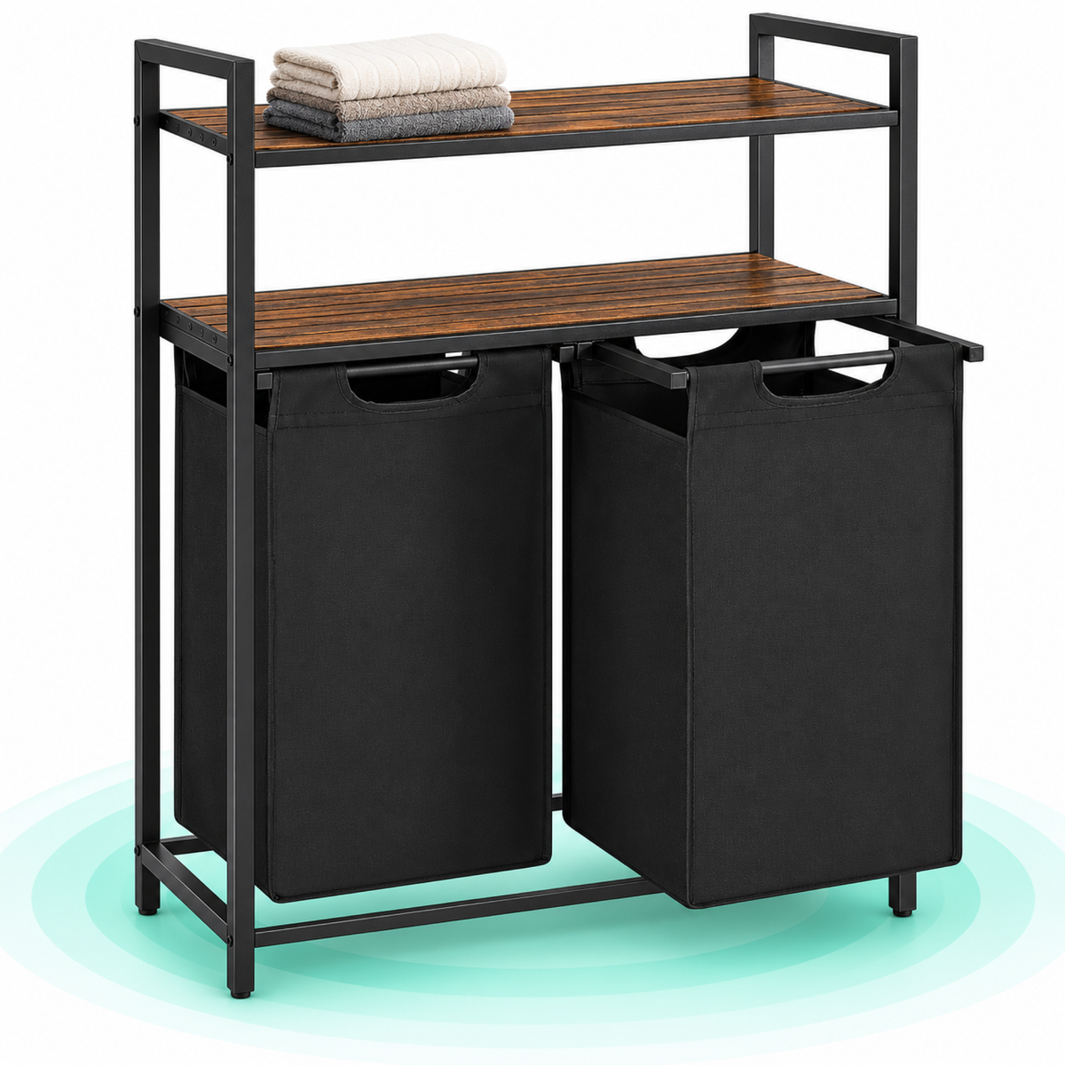 VASAGLE Cos de rufe, cu 2 saci detasabili, 2 rafturi, capacitate de 46L per sac, 73x33x72cm , maro rustic si negru