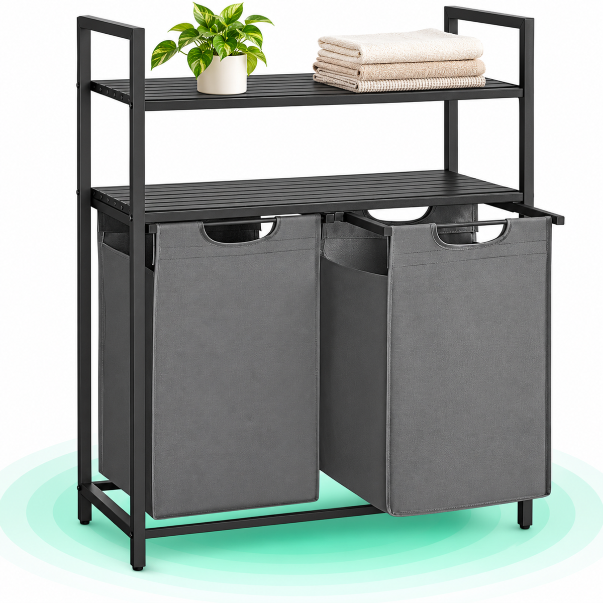 VASAGLE Cos de rufe, cu 2 saci detasabili, 2 rafturi, capacitate de 46L per sac, 73x33x92cm , negru si gri