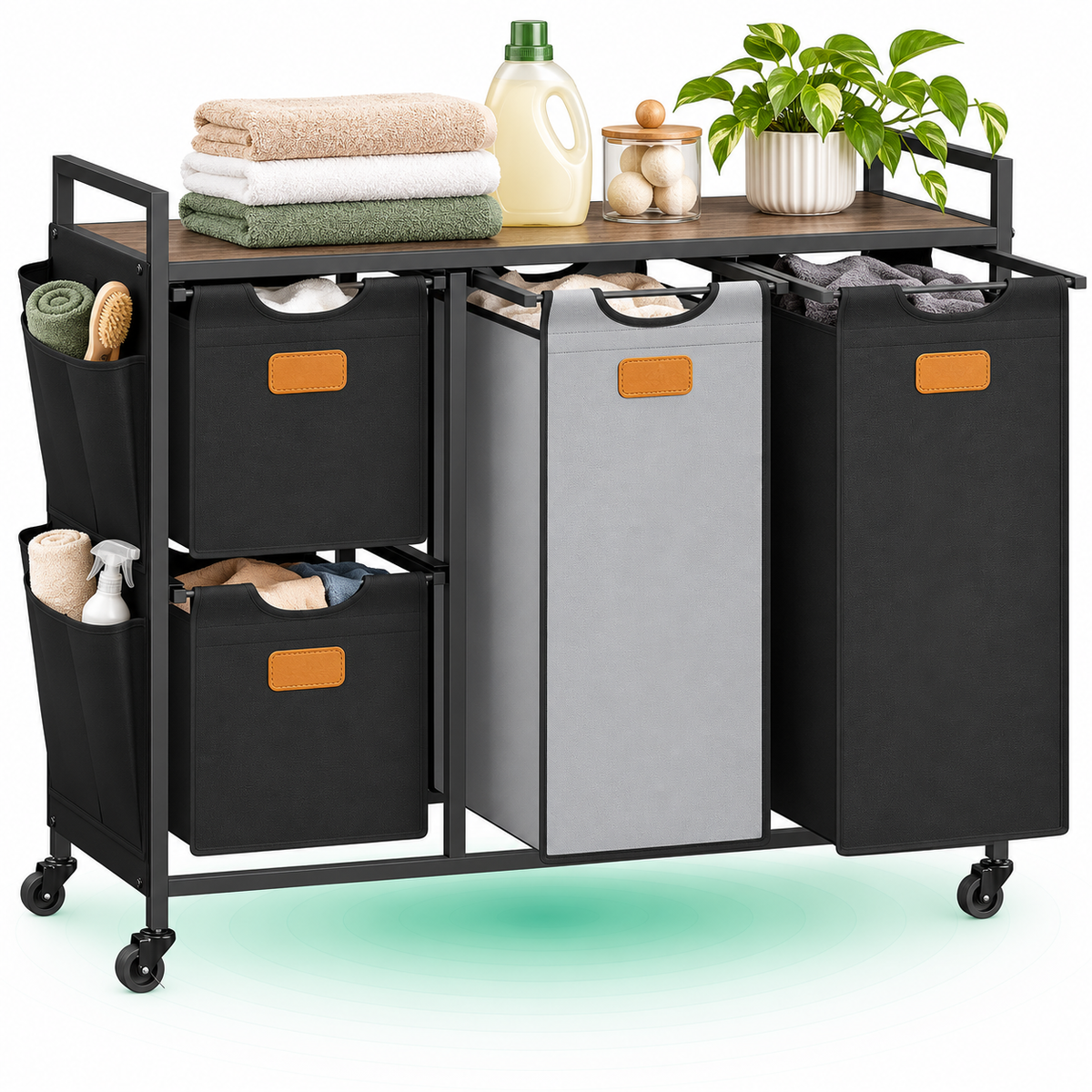 VASAGLE Cos de rufe cu 4 compartimente 2×25 L si 2×50 L, mobil cu roti, saci detasabili, 99x33x81 cm, maro si negru