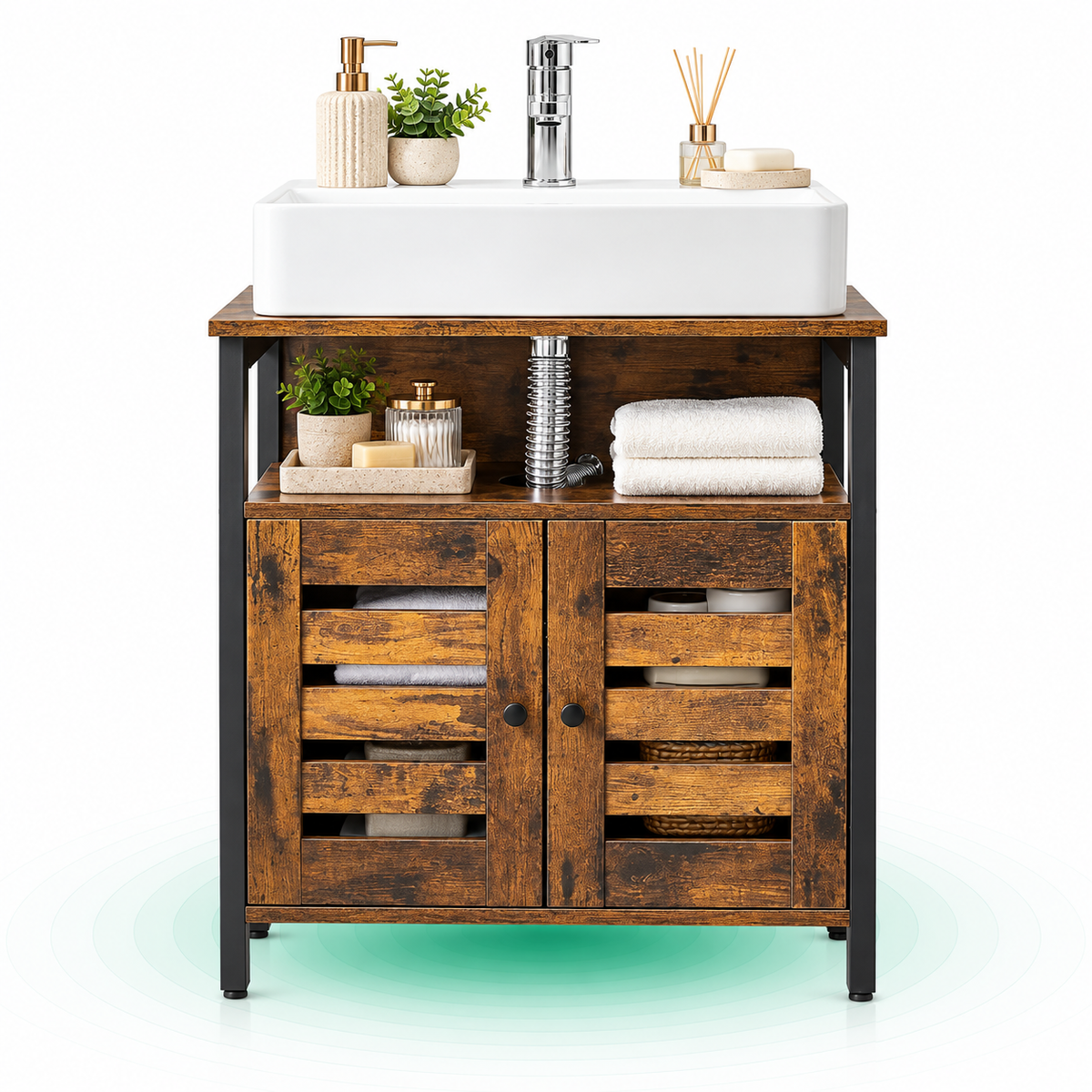 VASAGLE Dulap baie baza lavoar, cu 2 usi, 2 rafturi, 60x30x60 cm, maro rustic