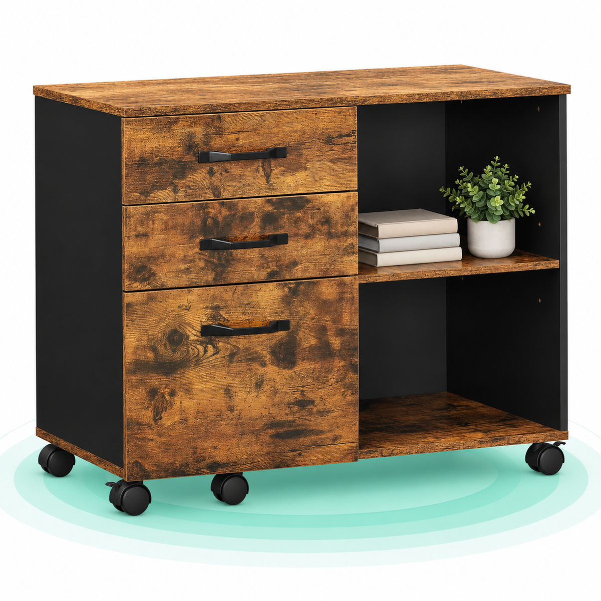 VASAGLE Dulap mobil tip rollbox pentru birouri, sertar cu sina suport dosare, stil industrial, 40x80x66 cm, maro rustic