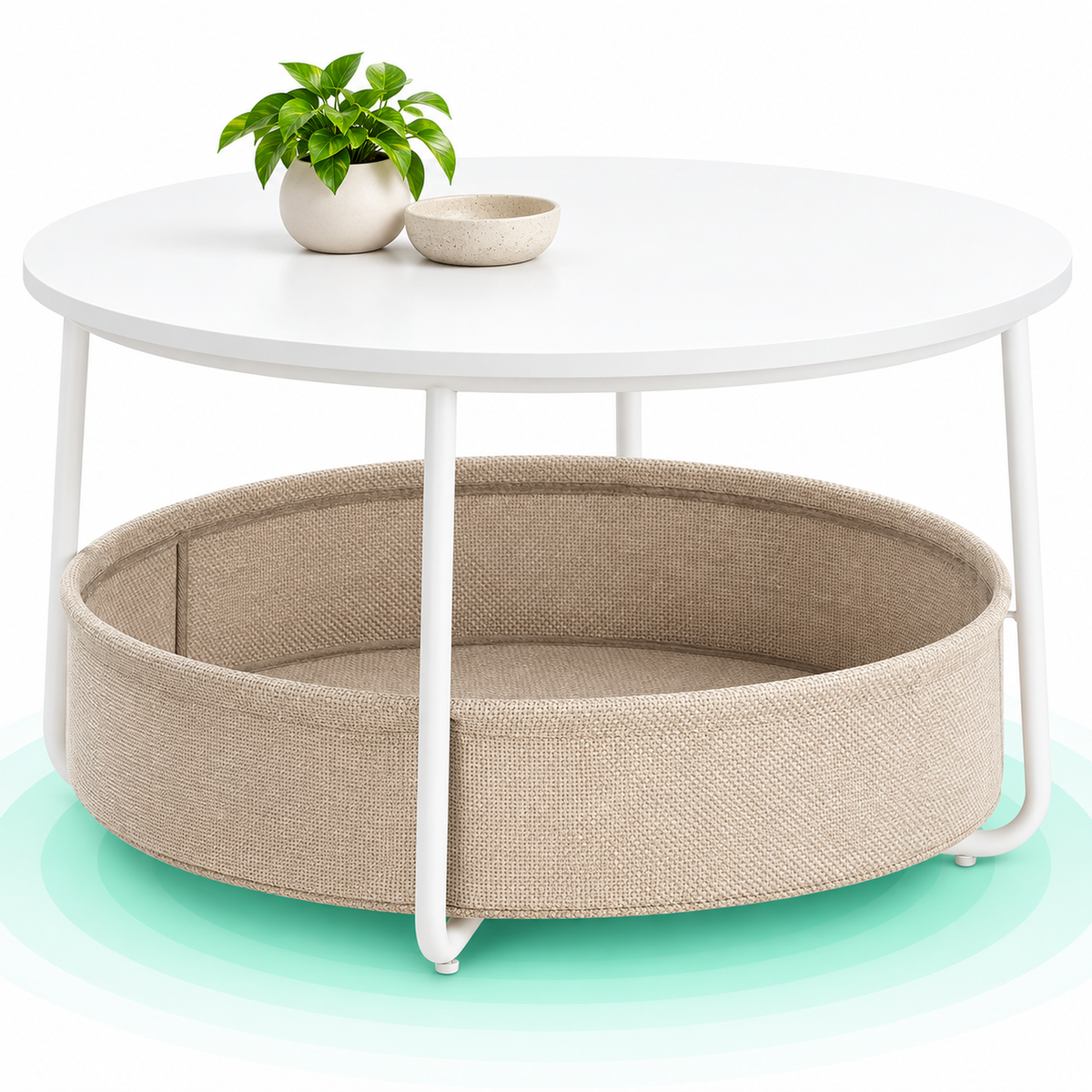 VASAGLE Masuta de cafea rotunda cu cos de stofa, stil modern, 45x75cm, alb cu bej