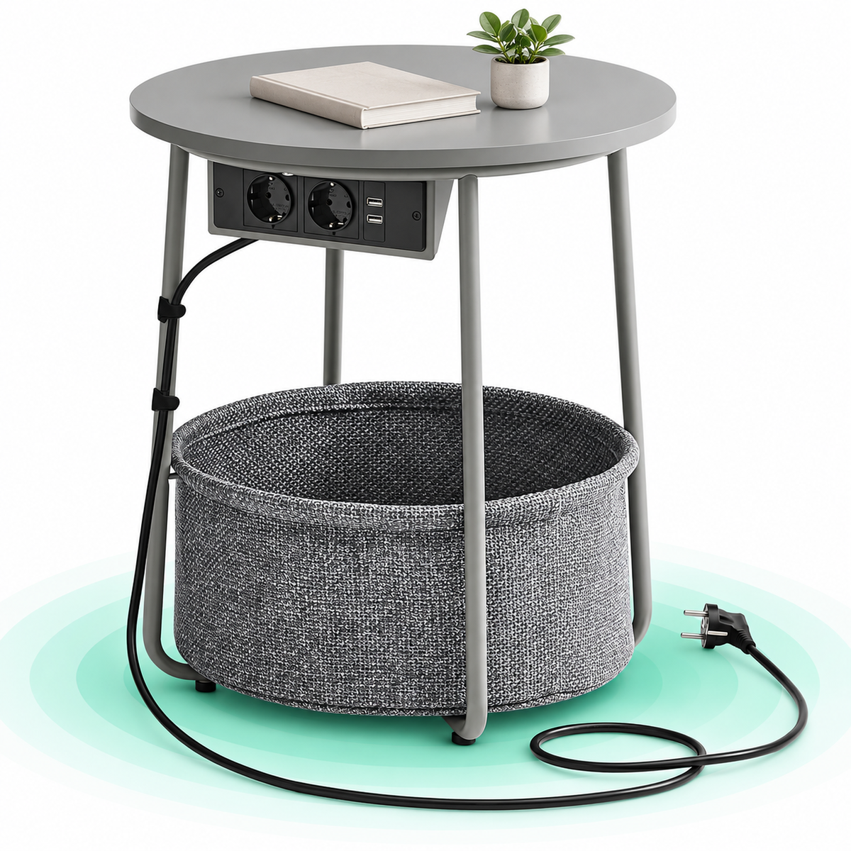 VASAGLE Masuta de cafea rotunda cu cos de stofa, statie de incarcare 2 prize si 2 USB, 45x50cm, gri argintiu