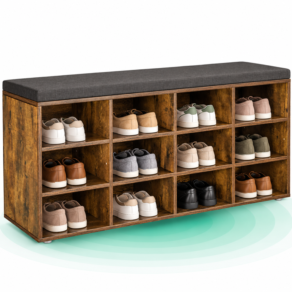 VASAGLE Pantofar cu banca cu 12 compartimente si perna, sarcina 136 kg, 104x30x48 cm, maro rustic