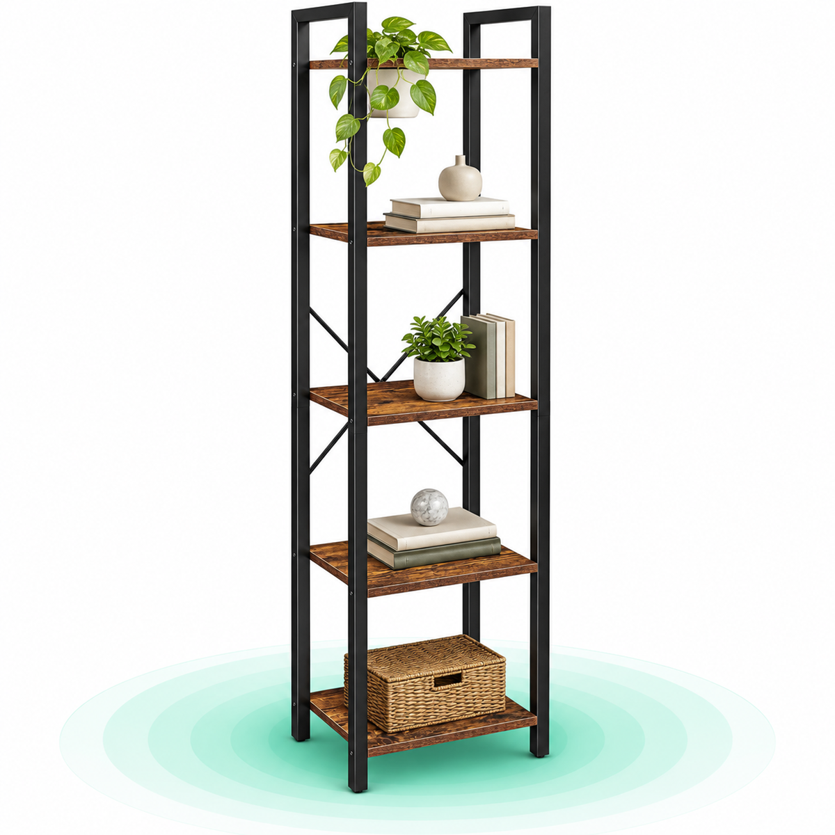 VASAGLE Raft cu 5 etaje, tip biblioteca, cadru metal si polite lemn, 40x30x153cm, industrial, maro rustic si negru