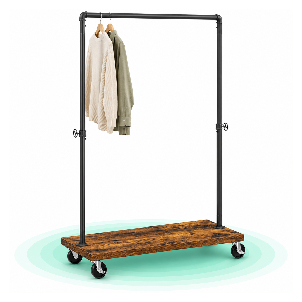 VASAGLE Suport haine cu bara metalica si raft inferior, cadru metalic si PAL, stil industrial, 104x40x162 cm, maro rusti