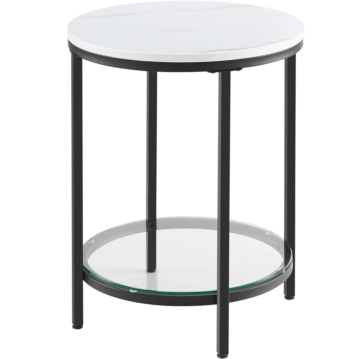 VASAGLE Masa rotunda, cu cadru de otel, noptiera, 45x55cm, negru cu blat alb aspect marmura