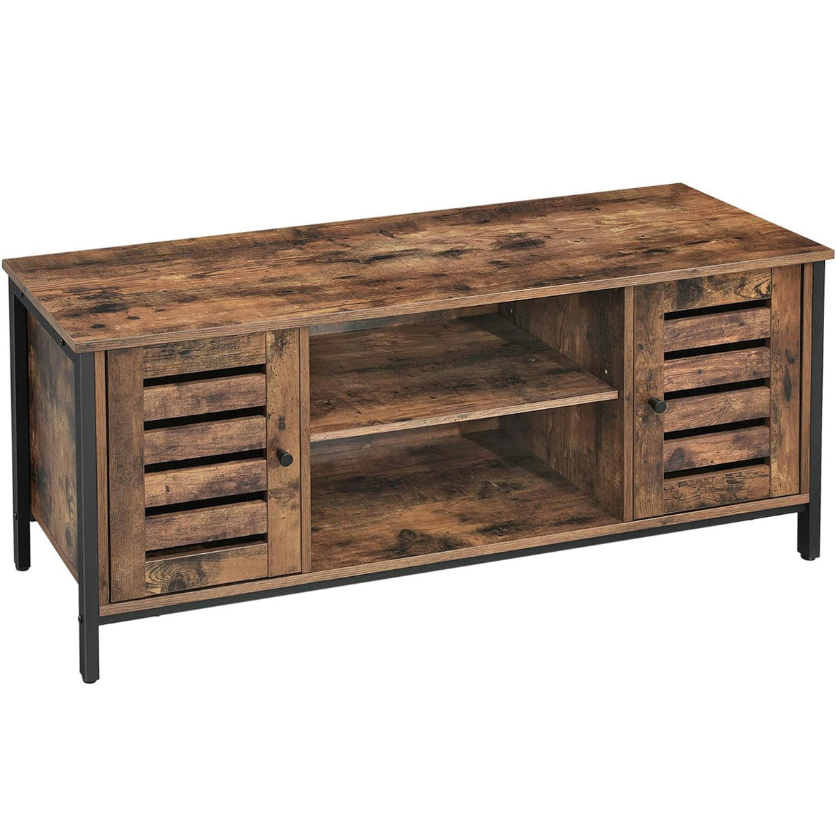 VASAGLE Comoda joasa pentru suport TV, cu rafturi si 2 spatii de depozitare cu usa, stil industrial, 110x40x50cm, maro rustic si negru