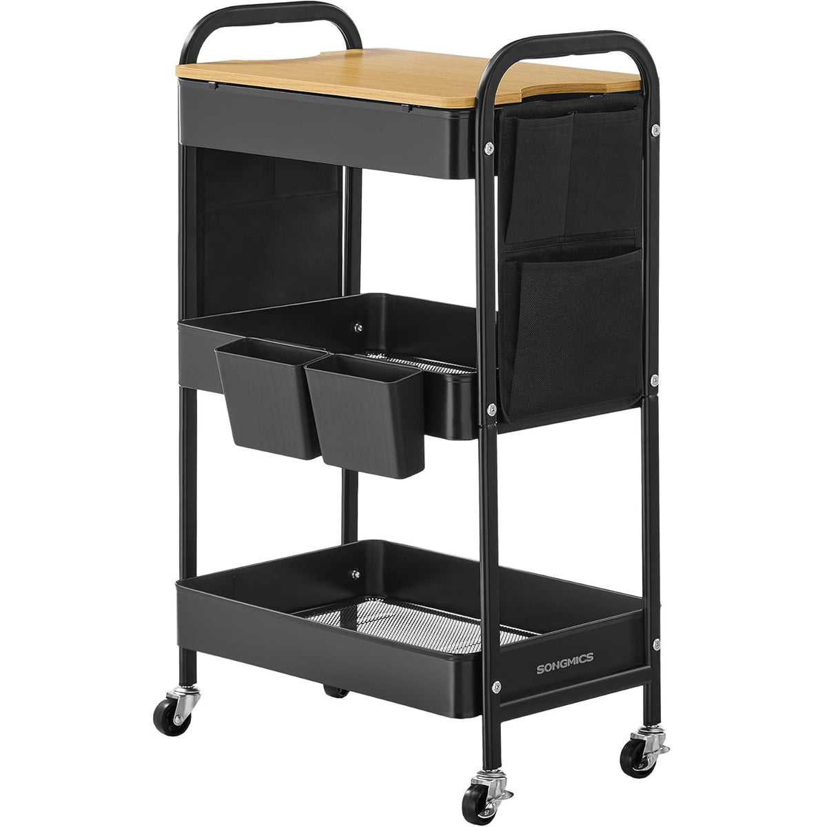 SONGMICS Raft de depozitare mobil tip carucior rulant, pentru baie sau bucatarie, cadru otel cu blat MDF, 31x44x74 cm, negru