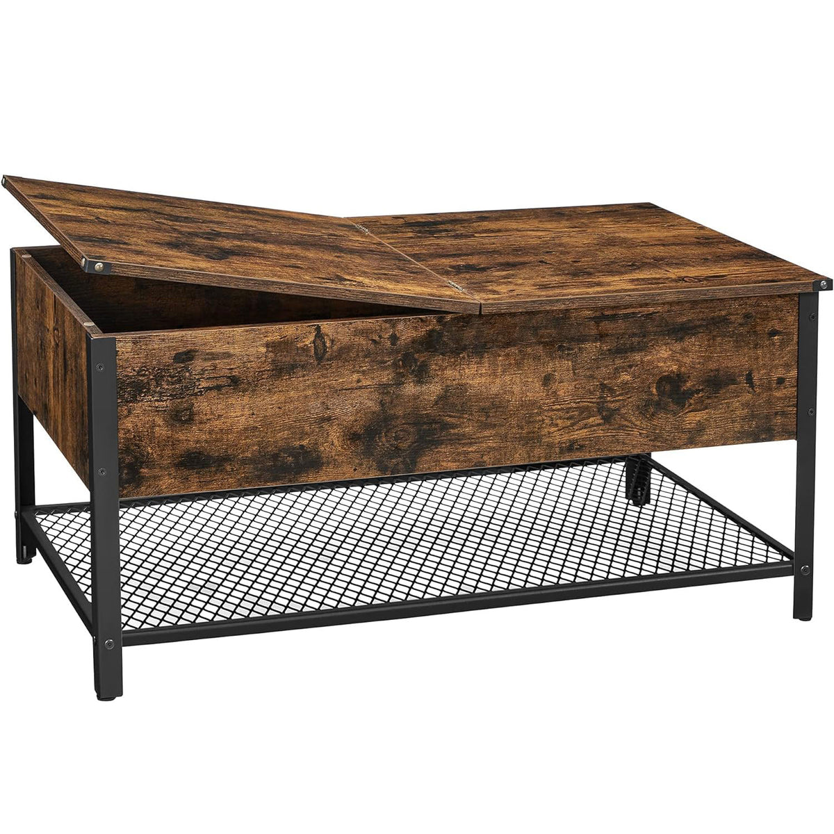VASAGLE Masuta de cafea cu capac rabatabil, compartiment depozitare ascuns si raft plasa, industrial, 100x55x47cm, maro rustic si negru
