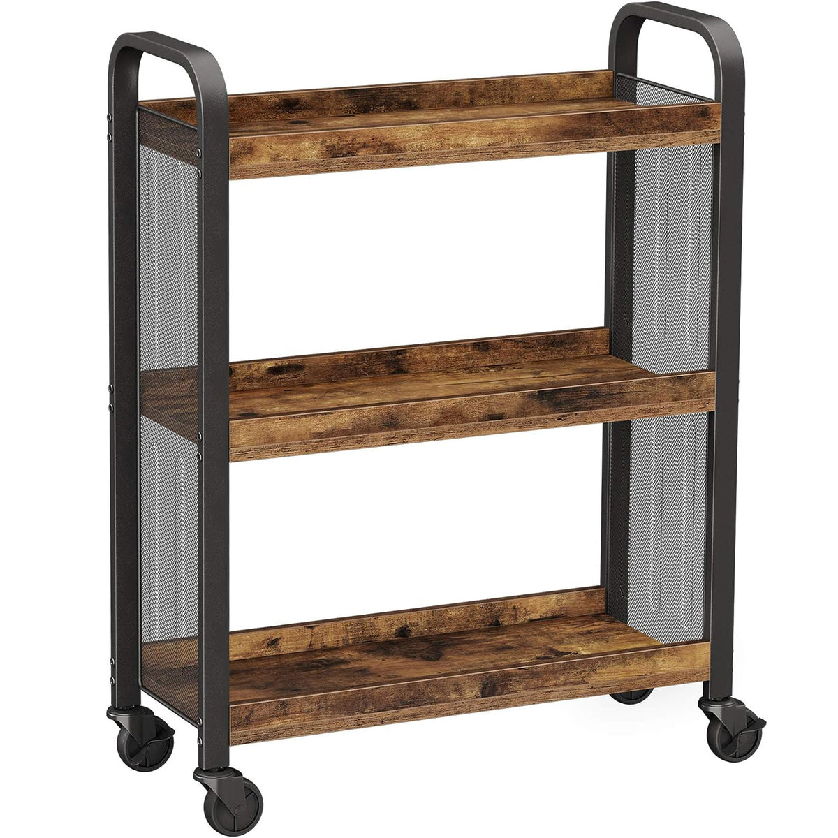 VASAGLE Carucior de servire pe roti pentru bucatarie, cu 3 polite, stil industrial, 26x66x85cm, maro rustic