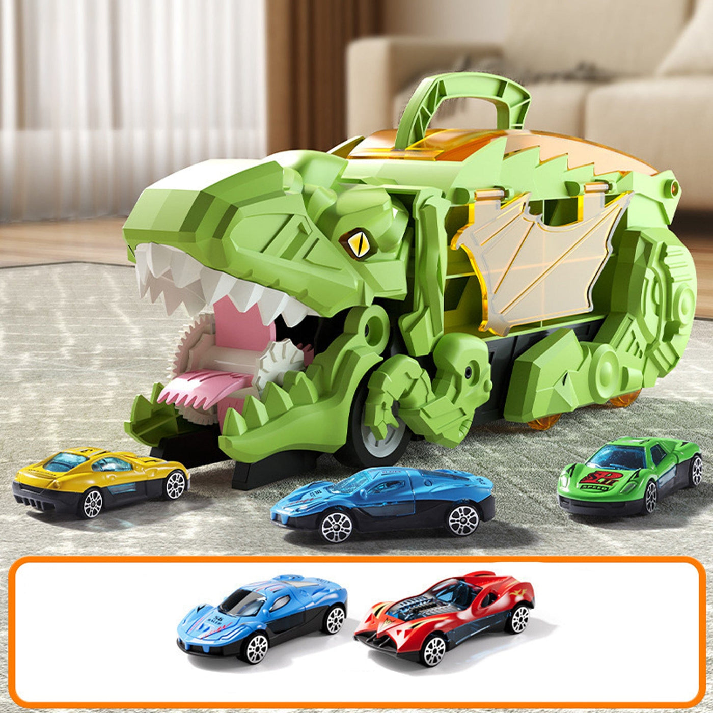 Dinozaur Transformabil 3 in 1 Timebox, Devoreaza Masinute, Verde - Imagine 1