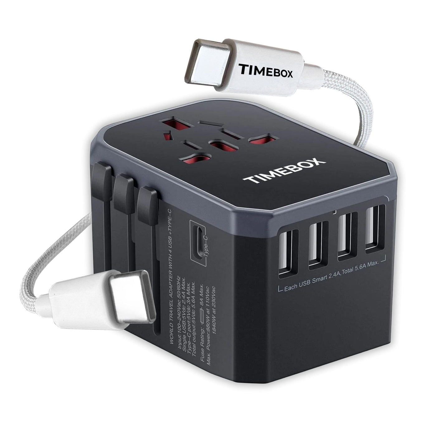 Pachet Travel: Adaptor incarcator universal priza Timebox, Type-C la USB-C, 66W, Alb - Imagine 1