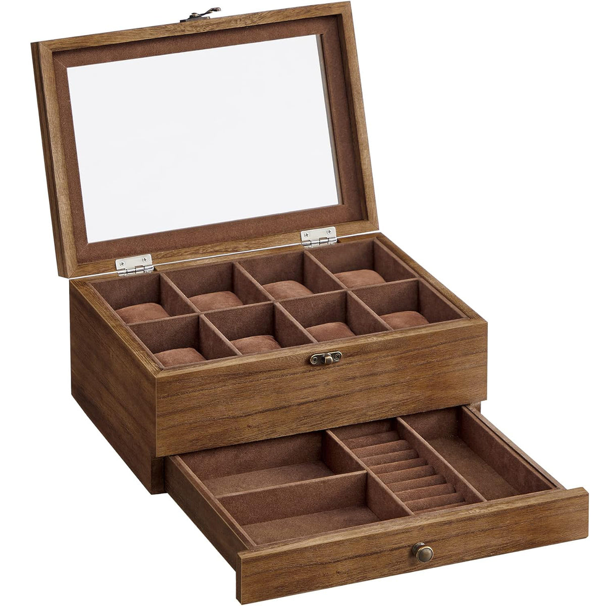 SONGMICS Cutie de ceasuri din lemn masiv, 8 compartimente si sertar bijuterii, 19x27x13cm, nuc rustic