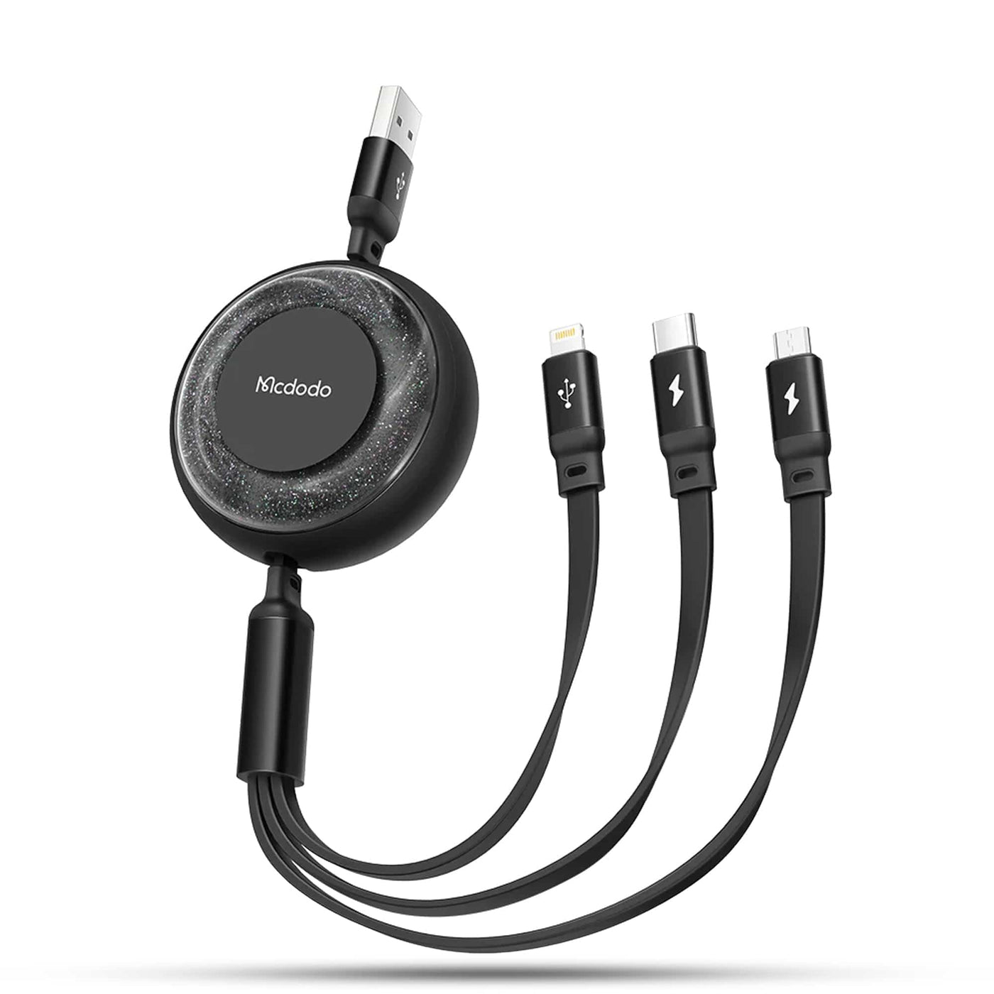 Cablu de date 3 in 1, 1,2m, Retractabil, Fast Charge, Type-C, Lightning, Negru - Imagine 1
