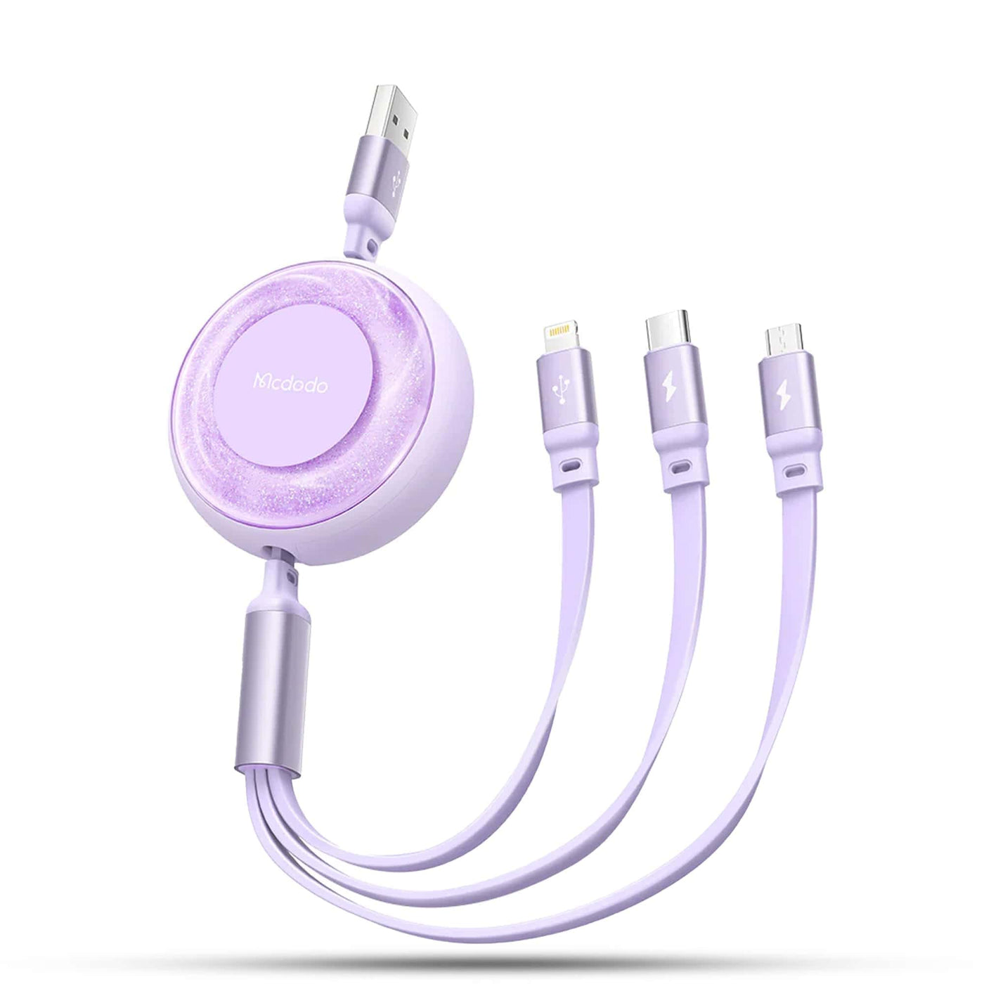 Cablu de date 3 in 1, 1,2m, Retractabil, Fast Charge, Type-C, Lightning, Roz - Imagine 1