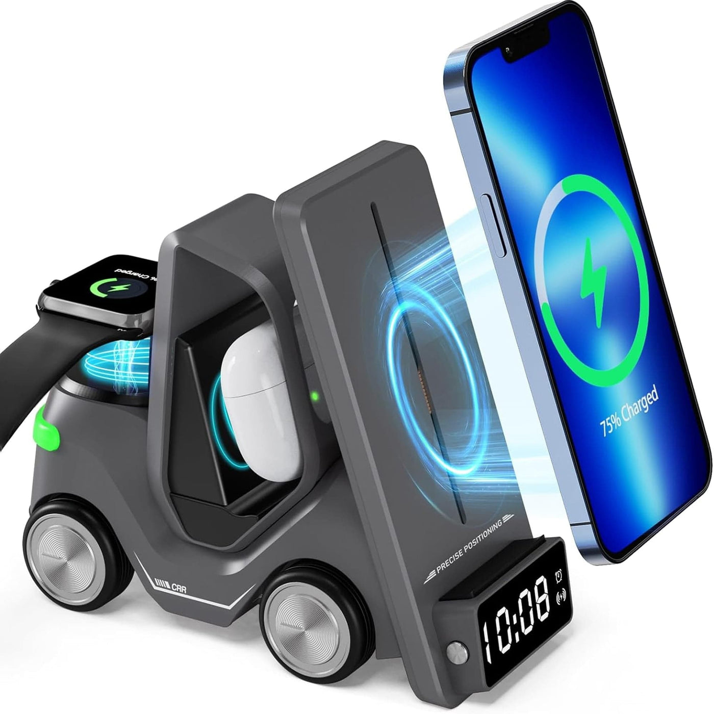 Incarcator Wireless 3 in 1 Timebox, 15W, multifunctional, Samsung, Airpods, Gri - Imagine 1