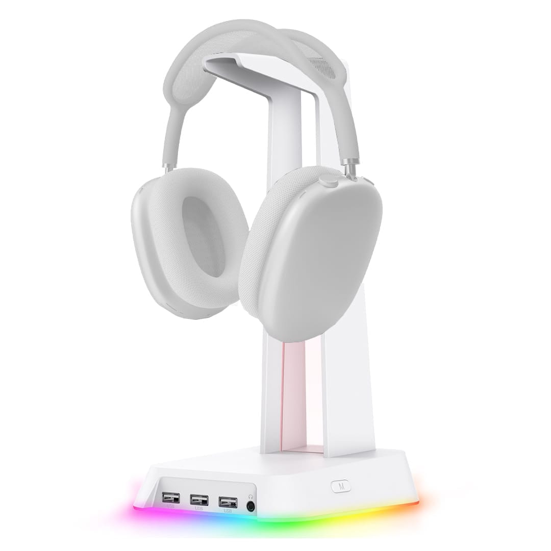 Suport casti gaming cu lumina RGB, 3 porturi USB, Anti-Slip, Alb - Imagine 1