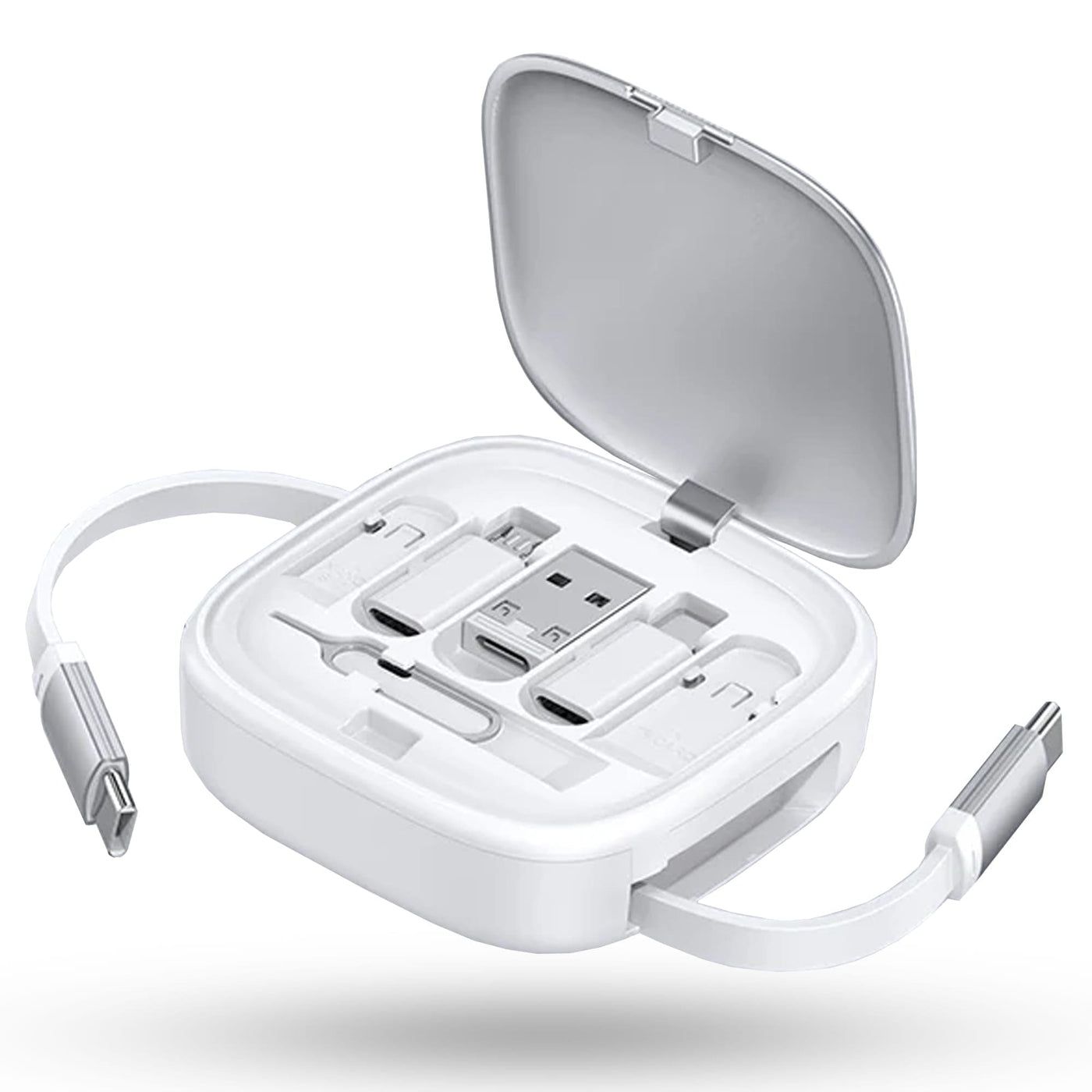 Cablu de date 6 in 1, Retractabil, Fast Charge, USB, Type-C, Lightning, Alb - Imagine 1