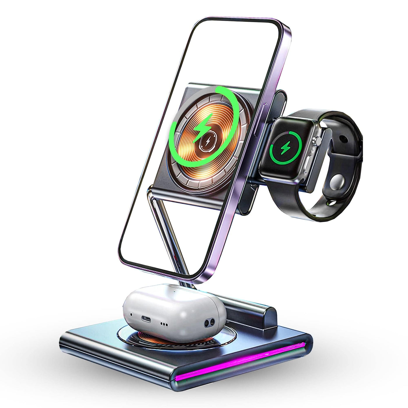 Incarcator Wireless 3 in 1 Timebox, 15W, Pliabil, lumina RGB, Samsung, Gri - Imagine 1