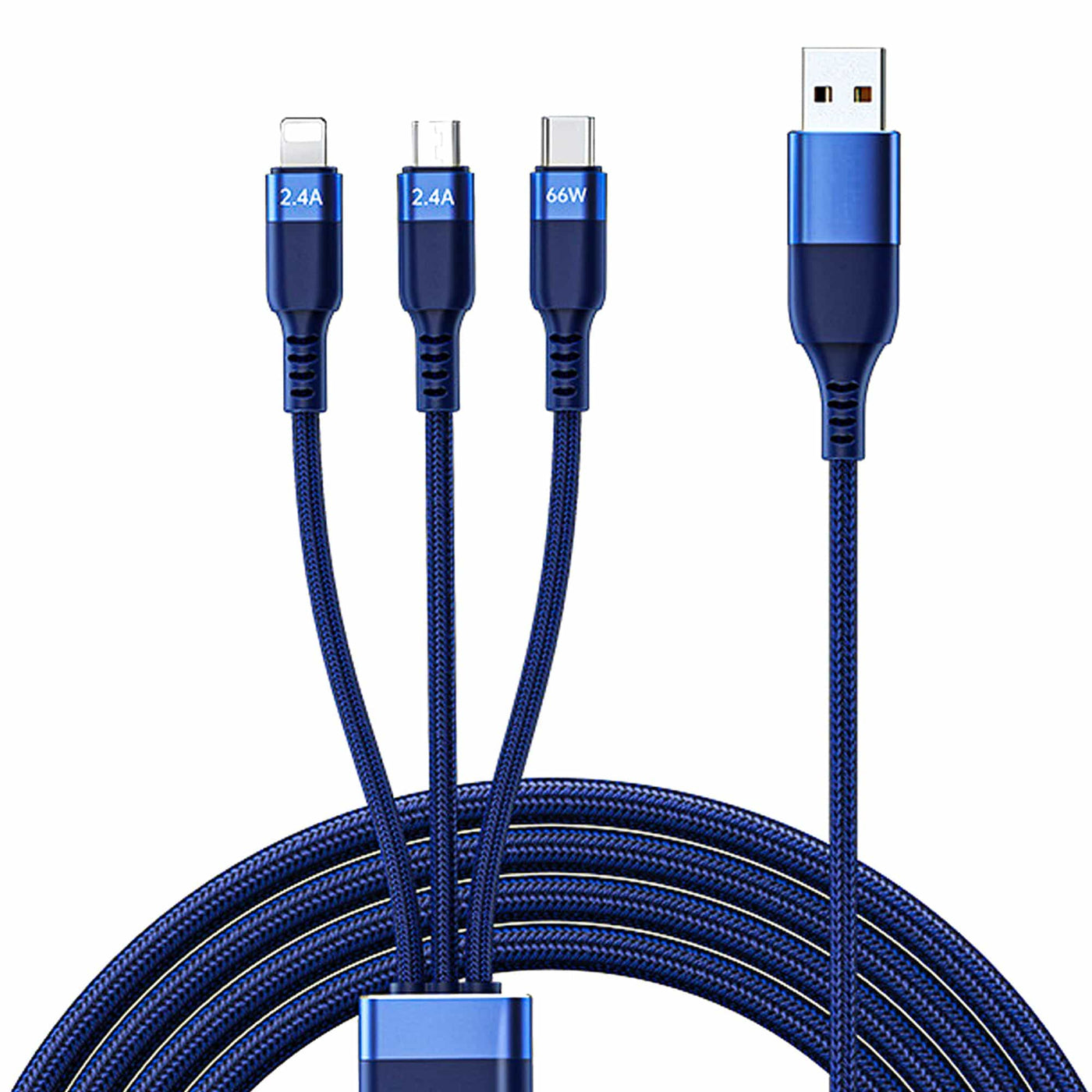 Cablu de Incarcare 3 in 1 Timebox, USB la Type-C, 66W, 1,2m, Lightning, Albastru - Imagine 1