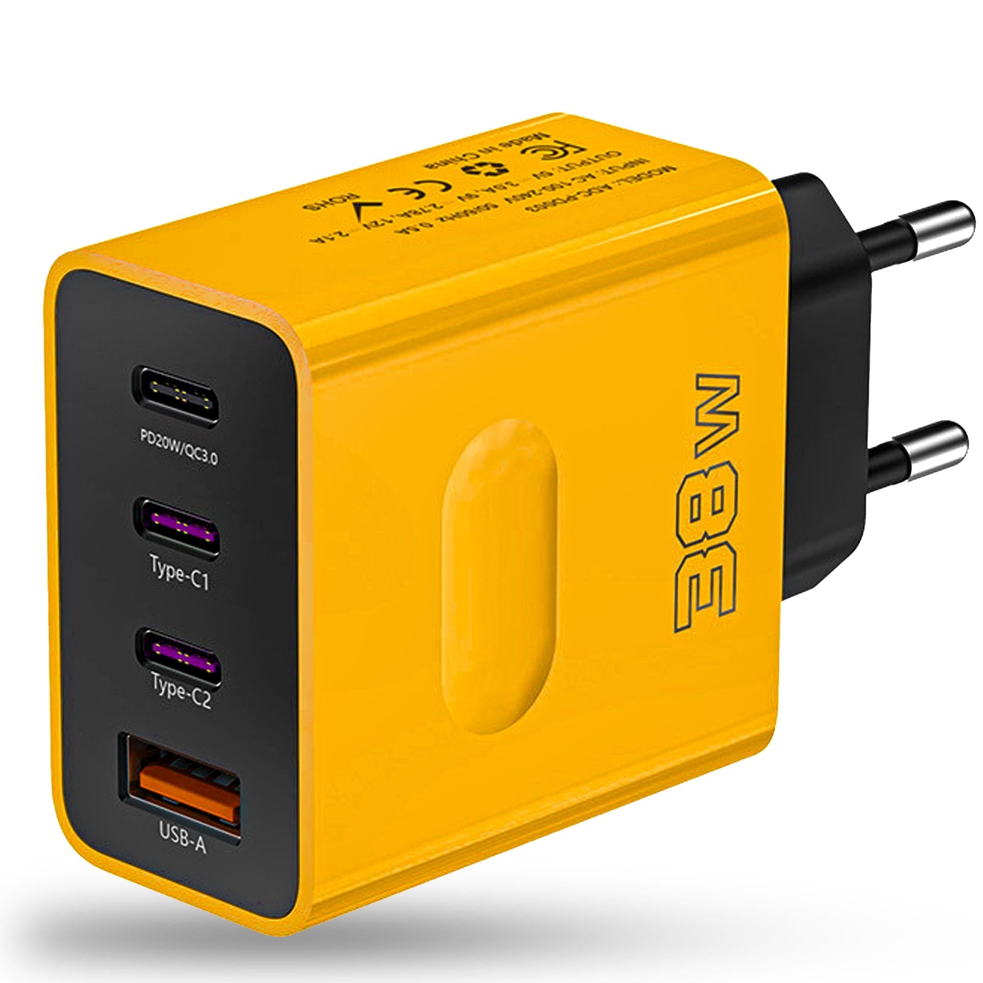 Incarcator Retea Timebox, 4 Porturi, 38W, 3 x Type-C, 1 x USB, Galben