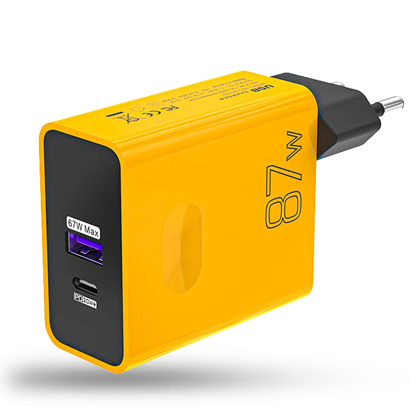 Incarcator Retea Timebox, 2 Porturi, 87W, 1 x Type-C, 1 x USB, Galben - Imagine 1
