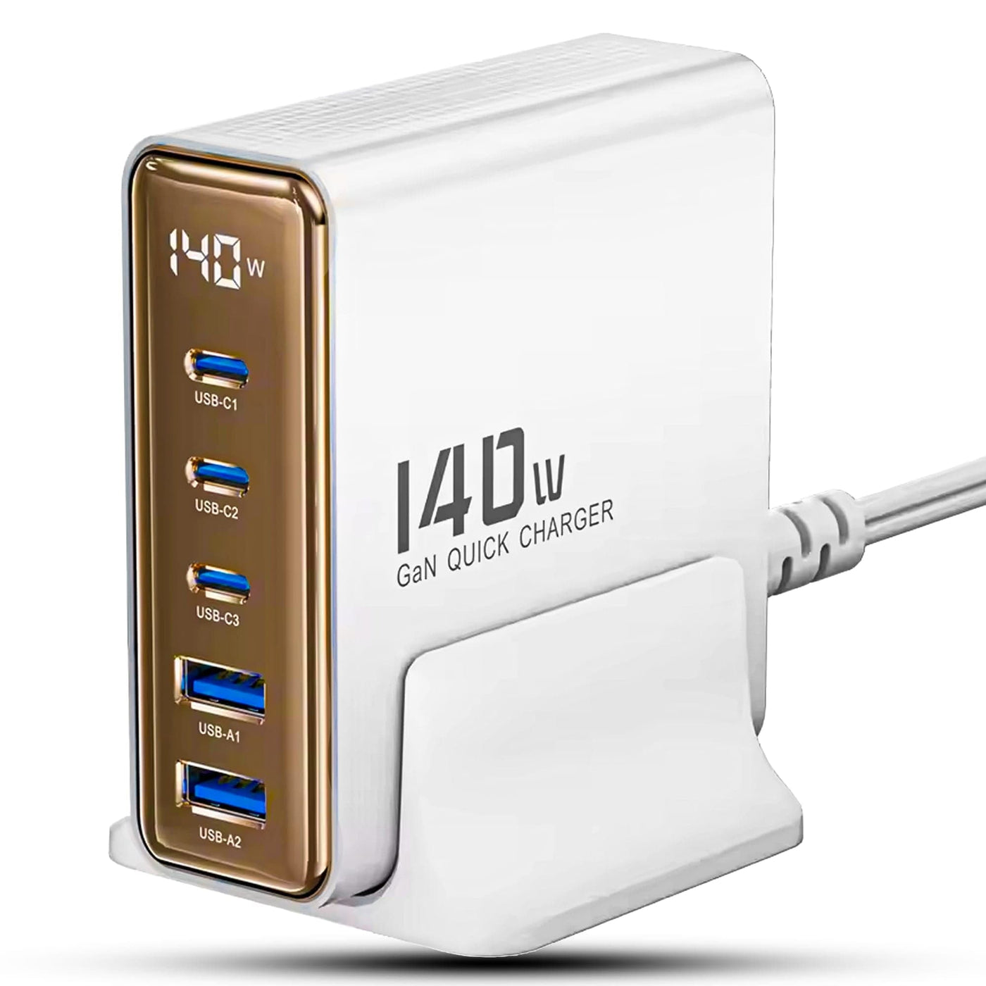 Incarcator Retea Timebox, 5 Porturi, 140W, 3 x Type-C, 2 x USB, Auriu - Imagine 1